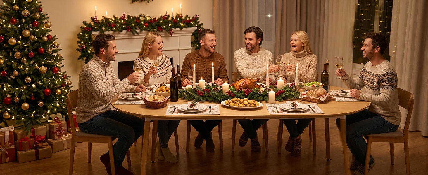 Six people celebrating a candlelit holiday dinner around the extended oval table