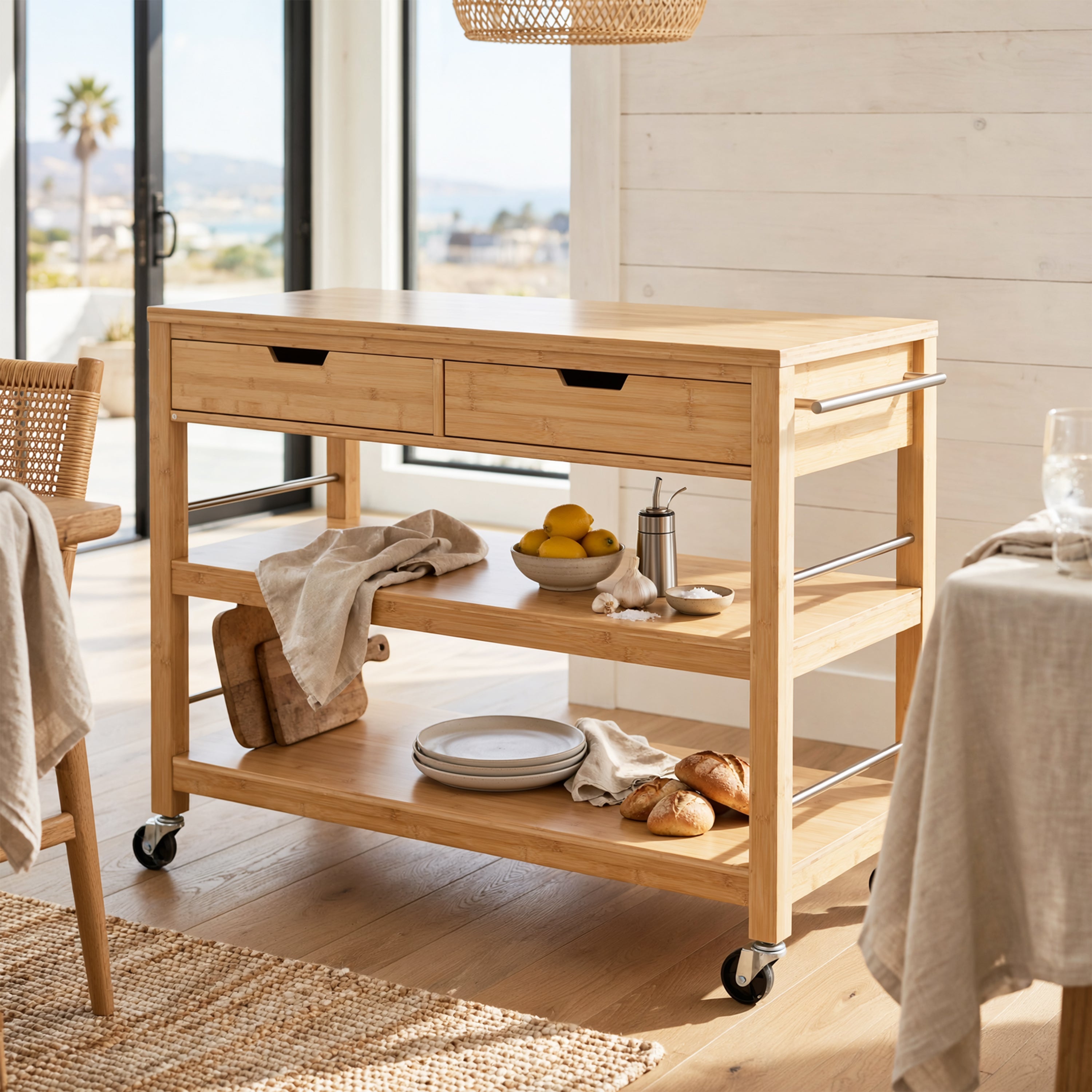 Bamboo Bar Cart, Natural, 2 Drawers and Open Shelves with Wheels