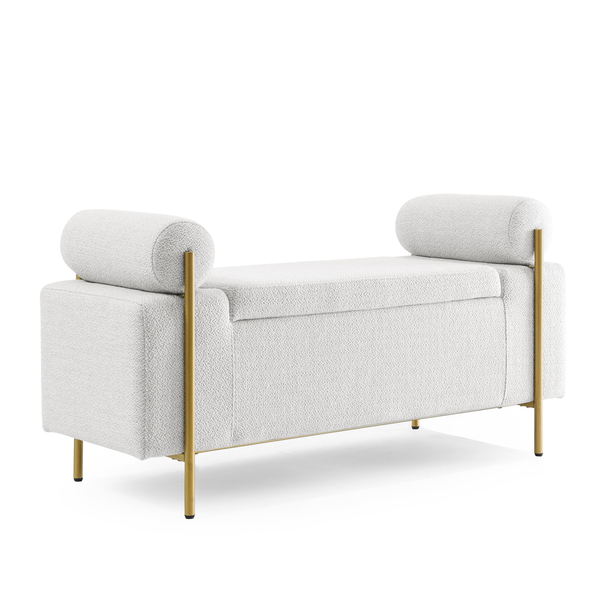 Linen Storage Bench, White with Bolster Arms and Gold Legs