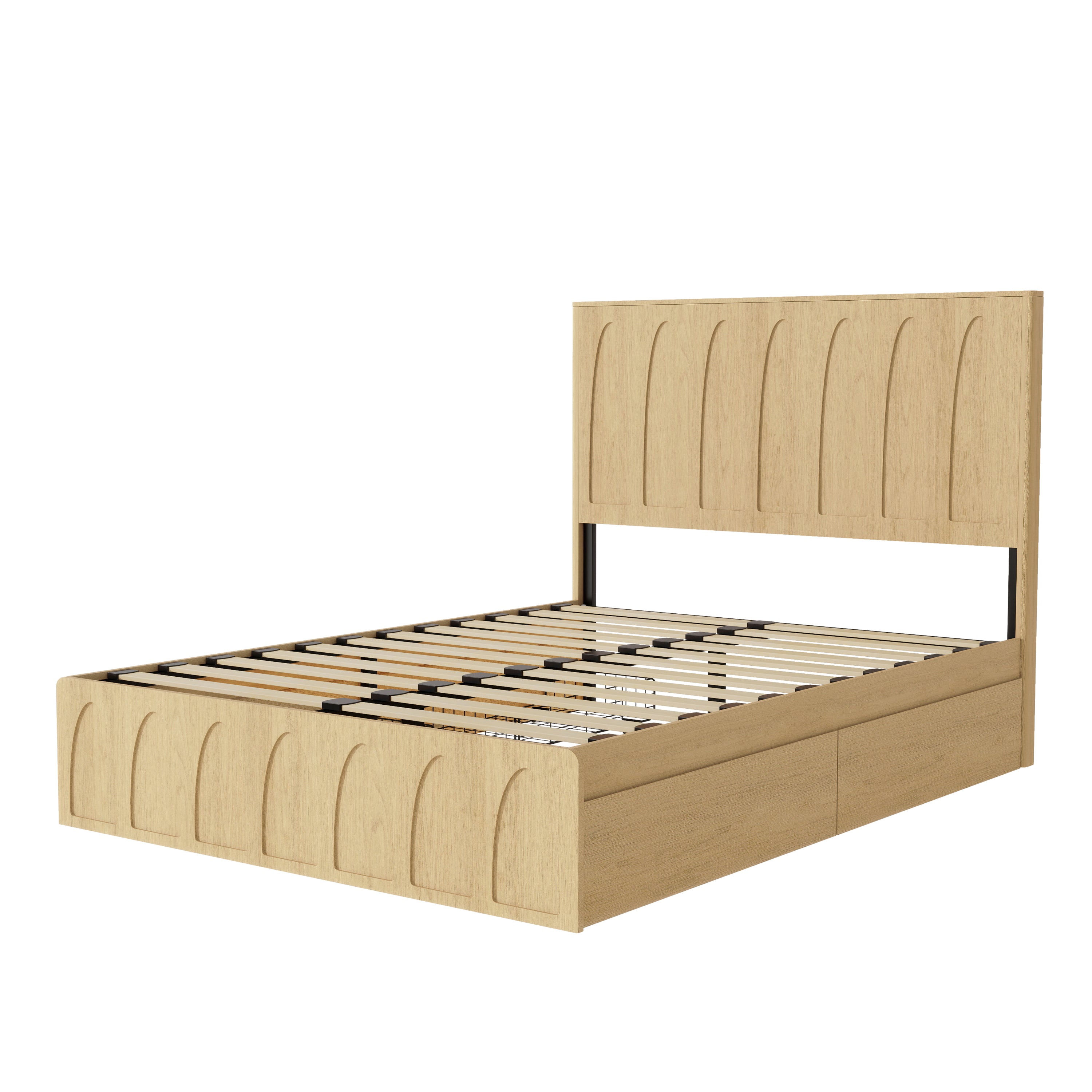 Bare oak queen bed frame showing arched groove headboard, footboard and wood slat platform #Color_Oak