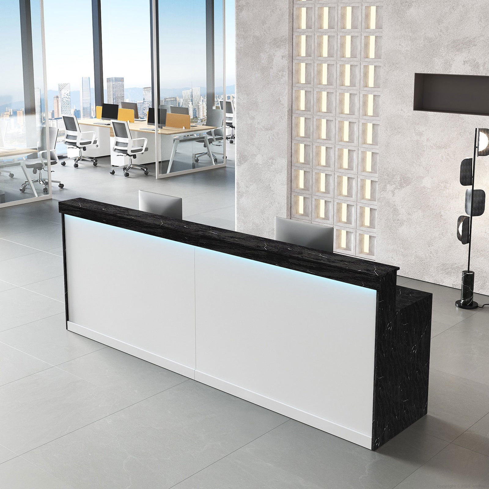 Modern Reception Desk with Keyboard Tray and LED Lighting, 70.8 in, Black