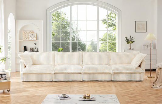 Slipcovered Long Sofa, 4 Seater Sofa with Removable Cover, Extra Deep Couch for Living Room, Corduroy Fabric Cloud Like Comfy Sofa Couch, Cream Corduroy Fabric