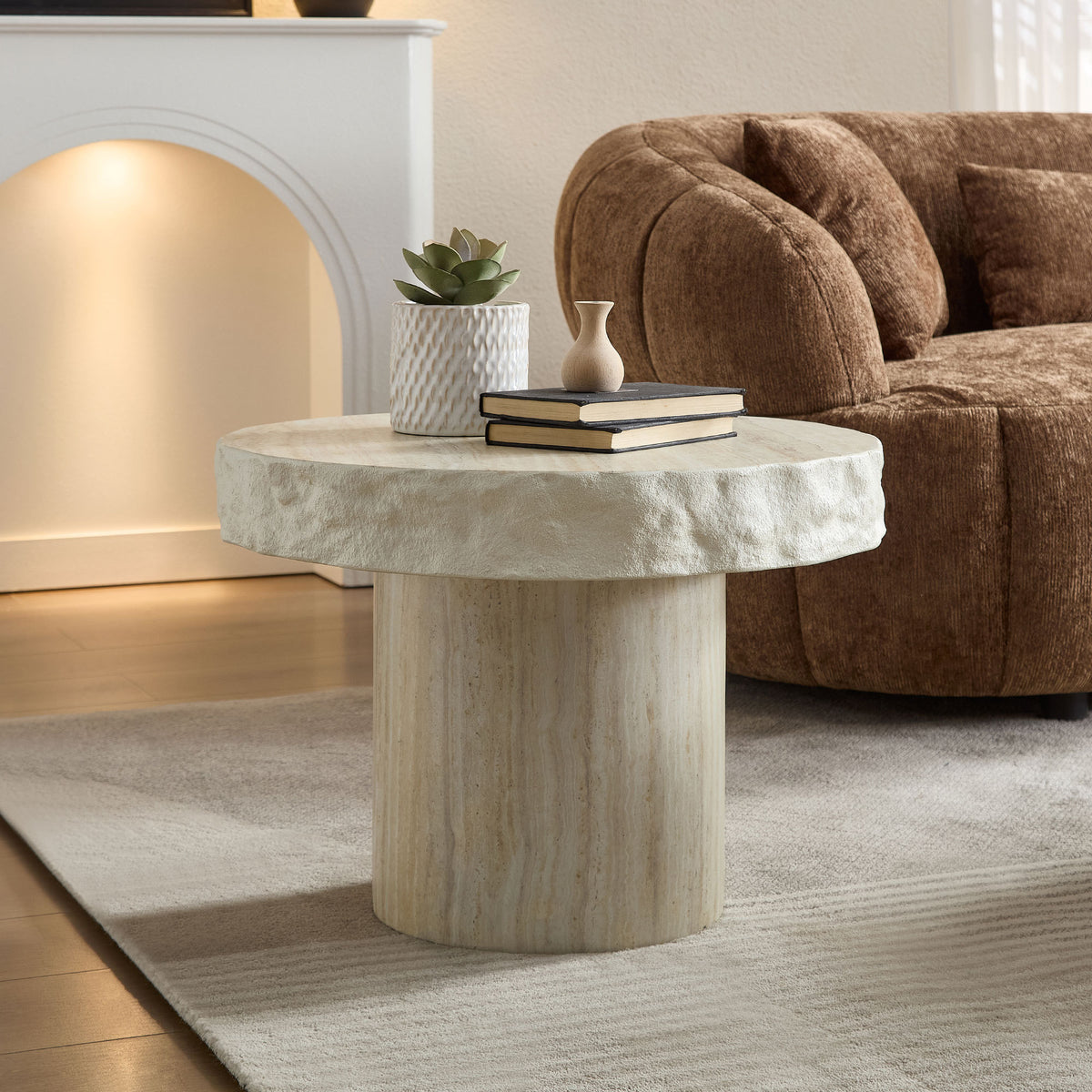 Beige Round Coffee Table, 23.8 in