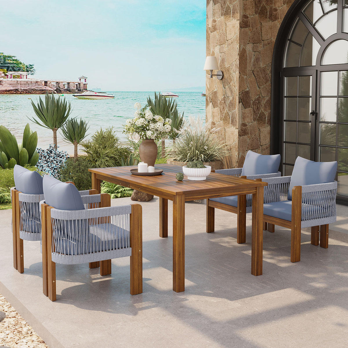 Brown Solid Wood 5-Piece Patio Dining Set for 4 with Cushions, Rope Weave