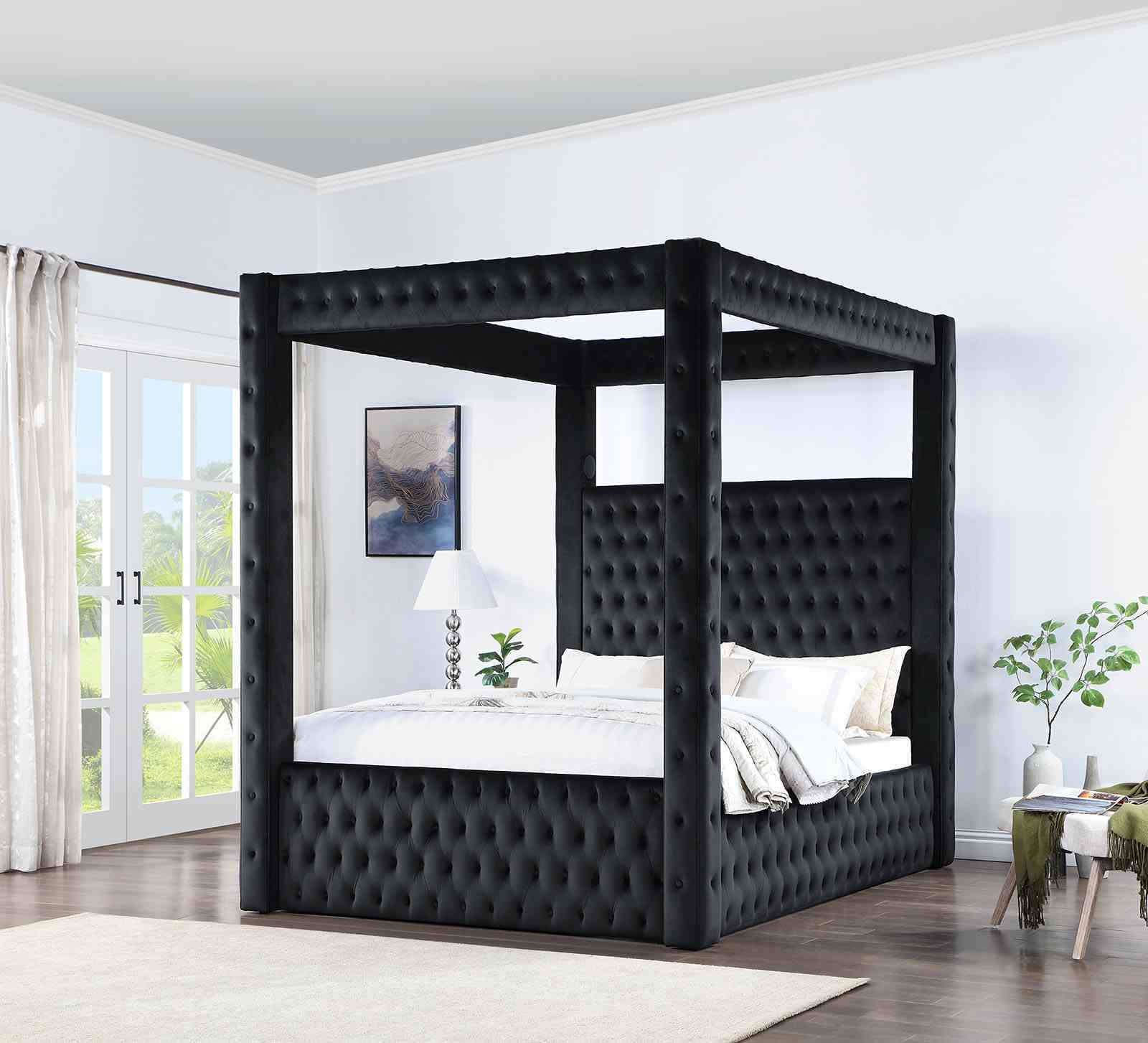 Black Upholstered Queen Canopy Bed Frame with USB-A Charging
