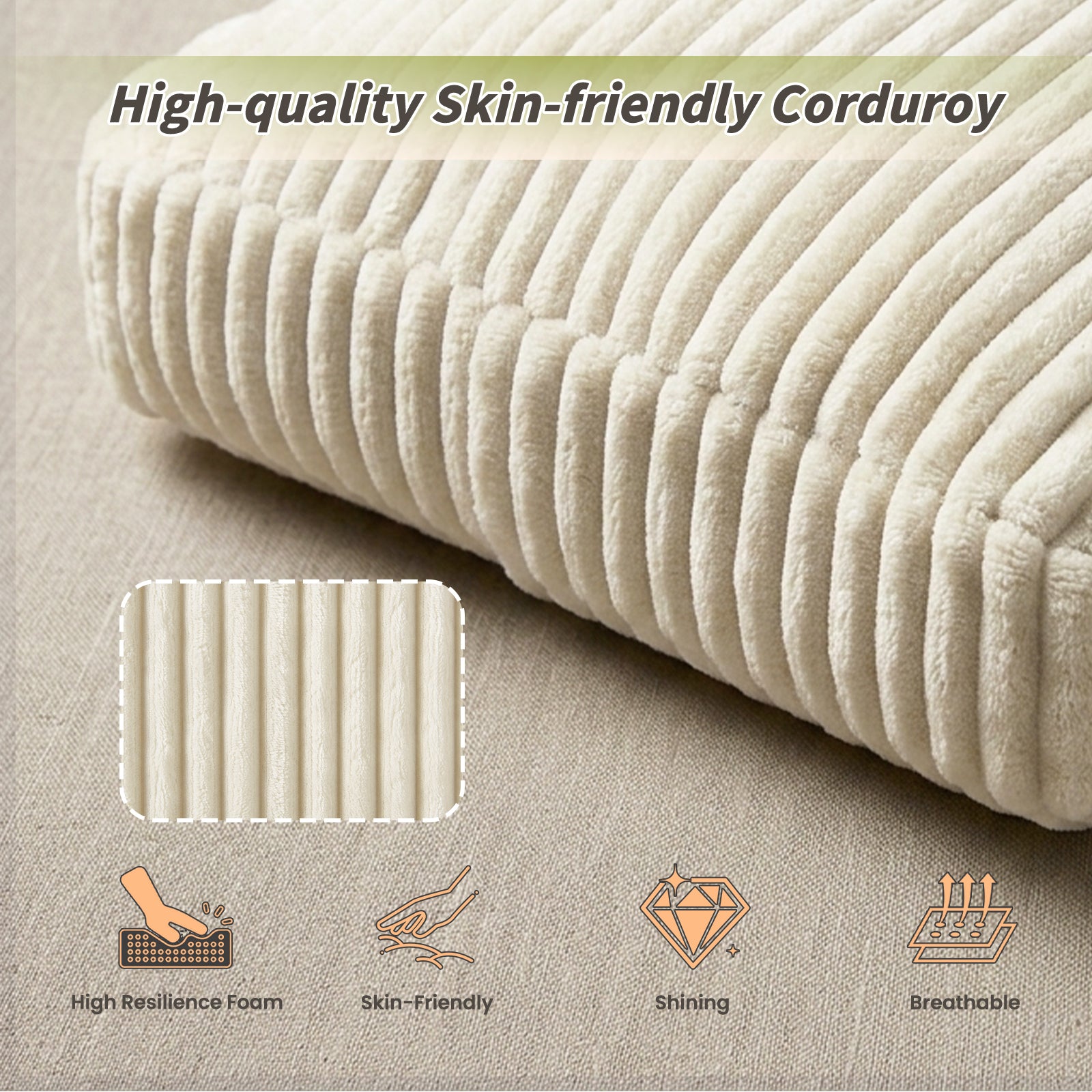 Macro of the soft cream corduroy fabric with its ribbed texture on the queen platform bed