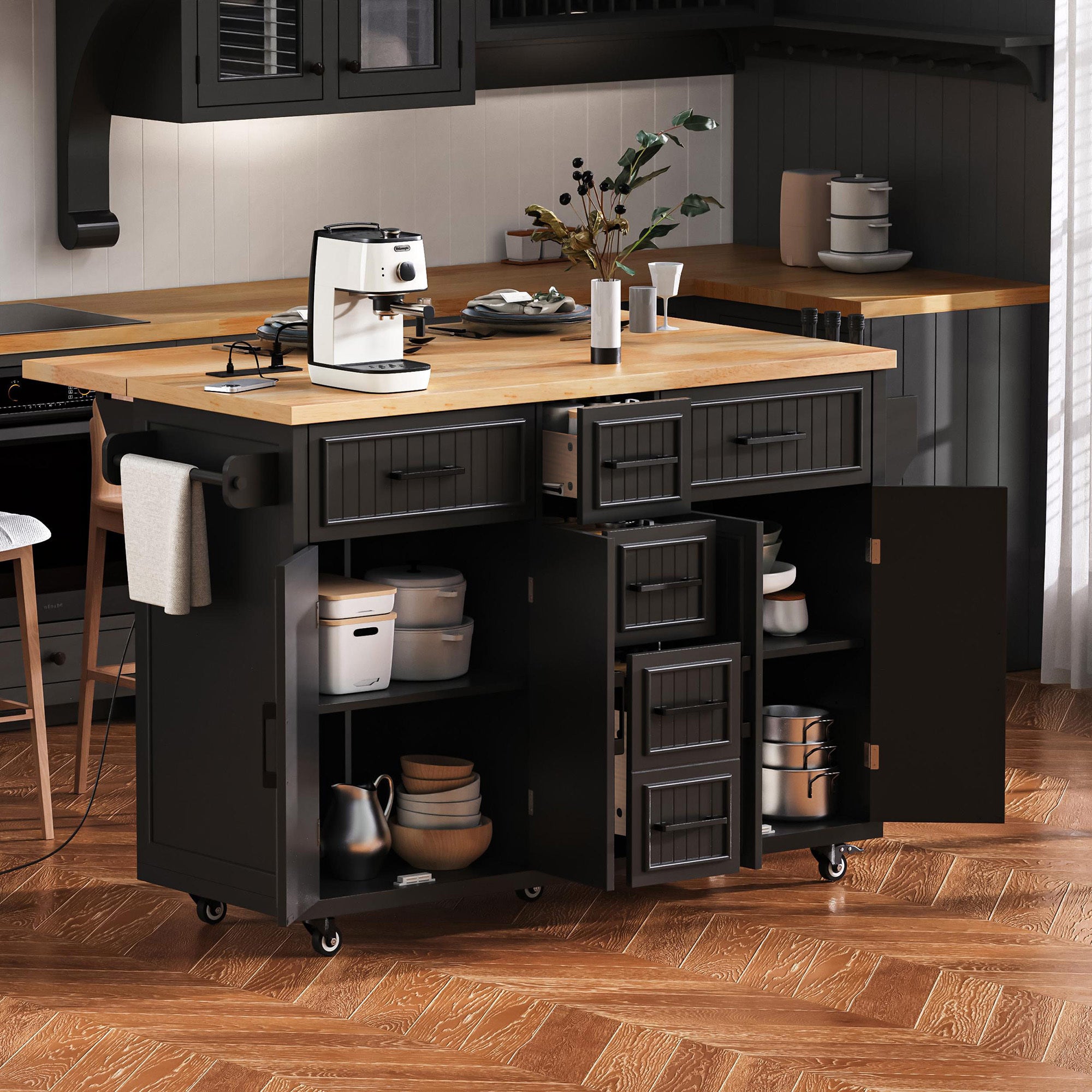 Farmhouse Kitchen Island, Black, Drop-Leaf with 4 Doors & 5 Drawers
