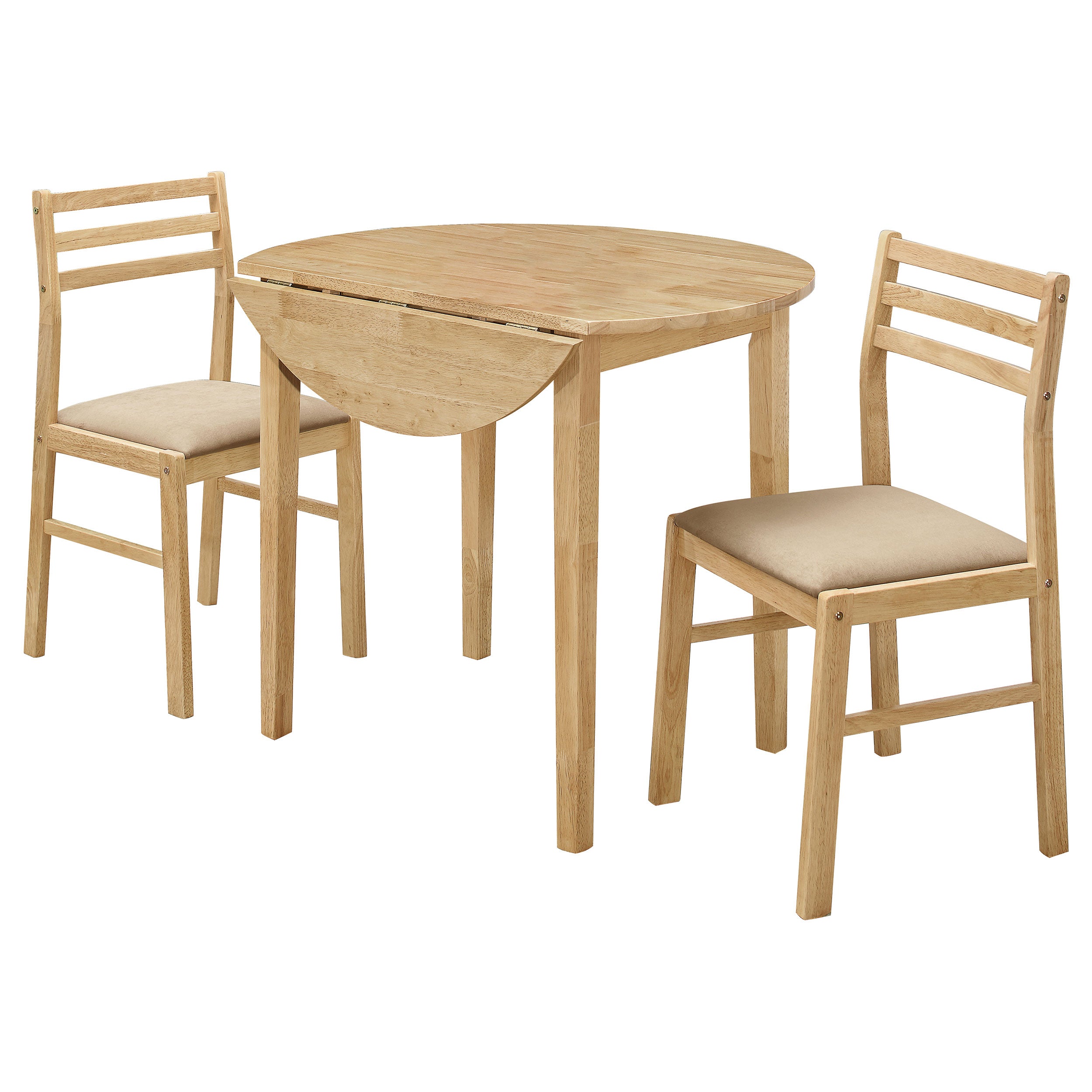 3-Piece Round Drop-Leaf Dining Set for 2, Natural Wood + 2 Chairs
