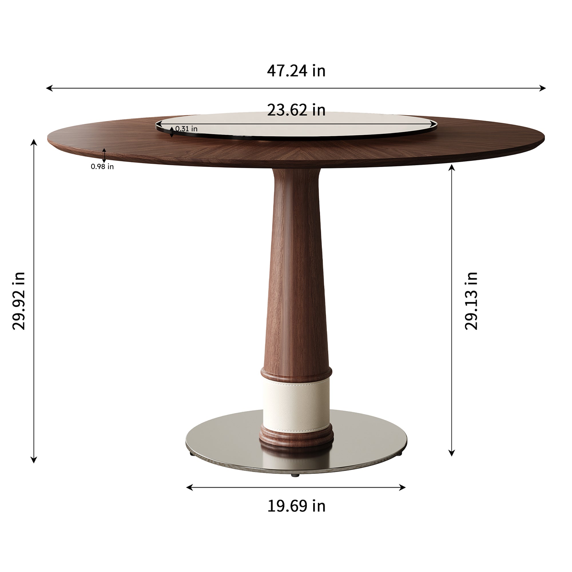 Dimension diagram of the round table: 47.24 inch top, 23.62 inch turntable, 29.92 inch height