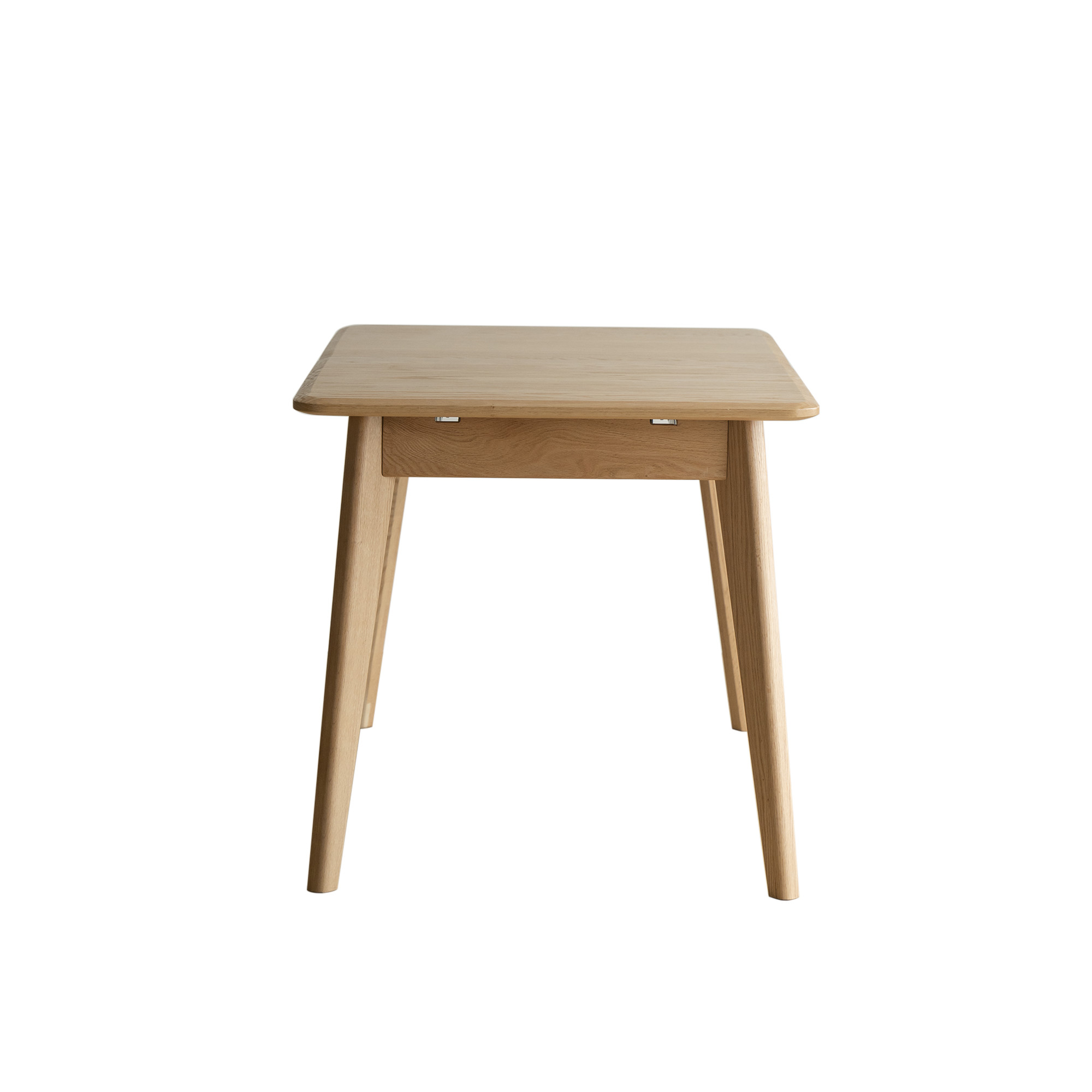 End view of the natural oak extendable dining table on a white background