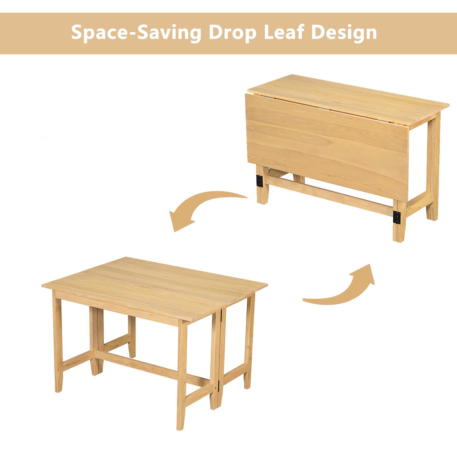 Feature graphic showing the natural wood drop-leaf table space-saving design folded and fully open