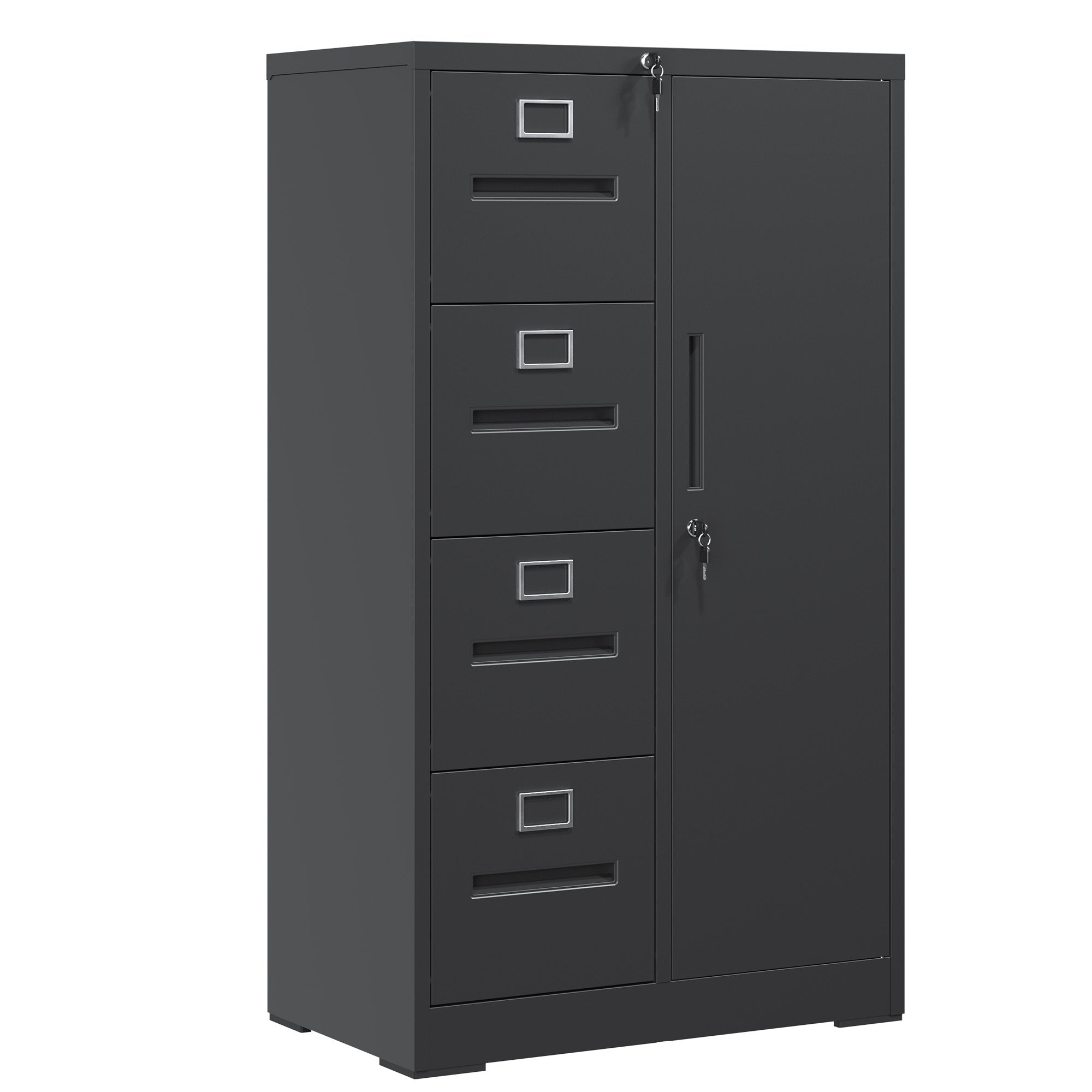 Vertical File Cabinet with Drawers and Doors, 17.7 in, Black, 29.92 in Deep