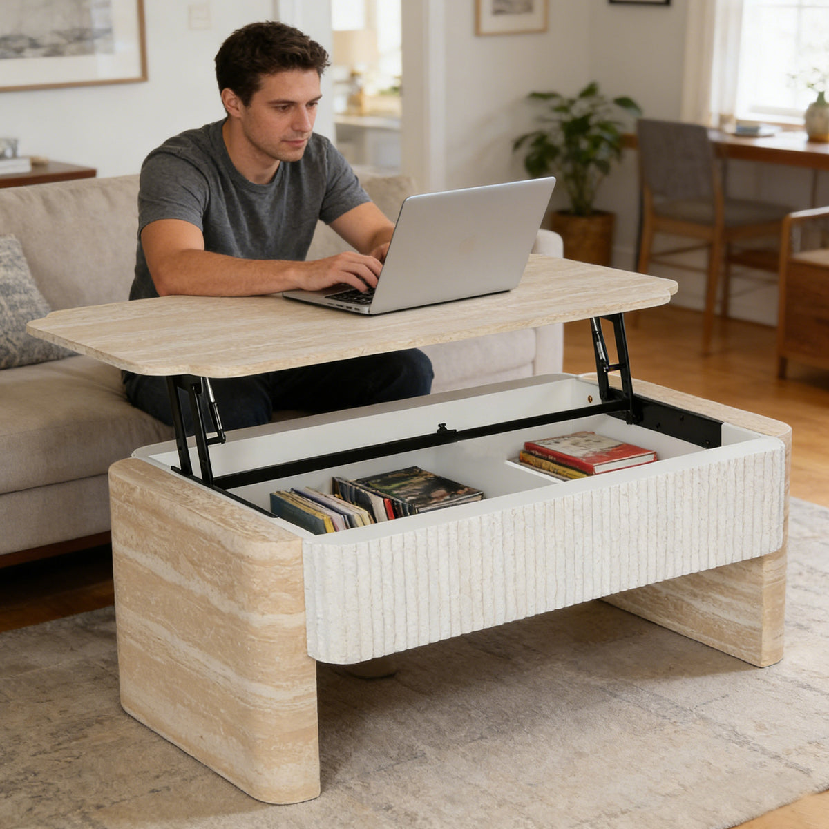 Beige Rectangular Lift-Top Coffee Table, 39.4 in, Fluted Detail