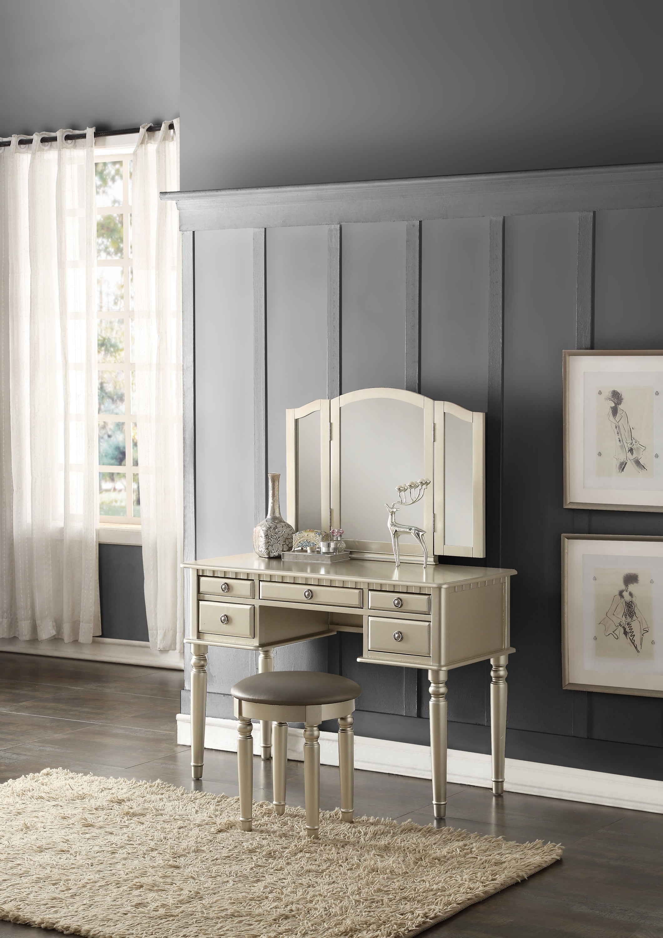 43-Inch Silver Vanity Table with Folding Mirror and Stool