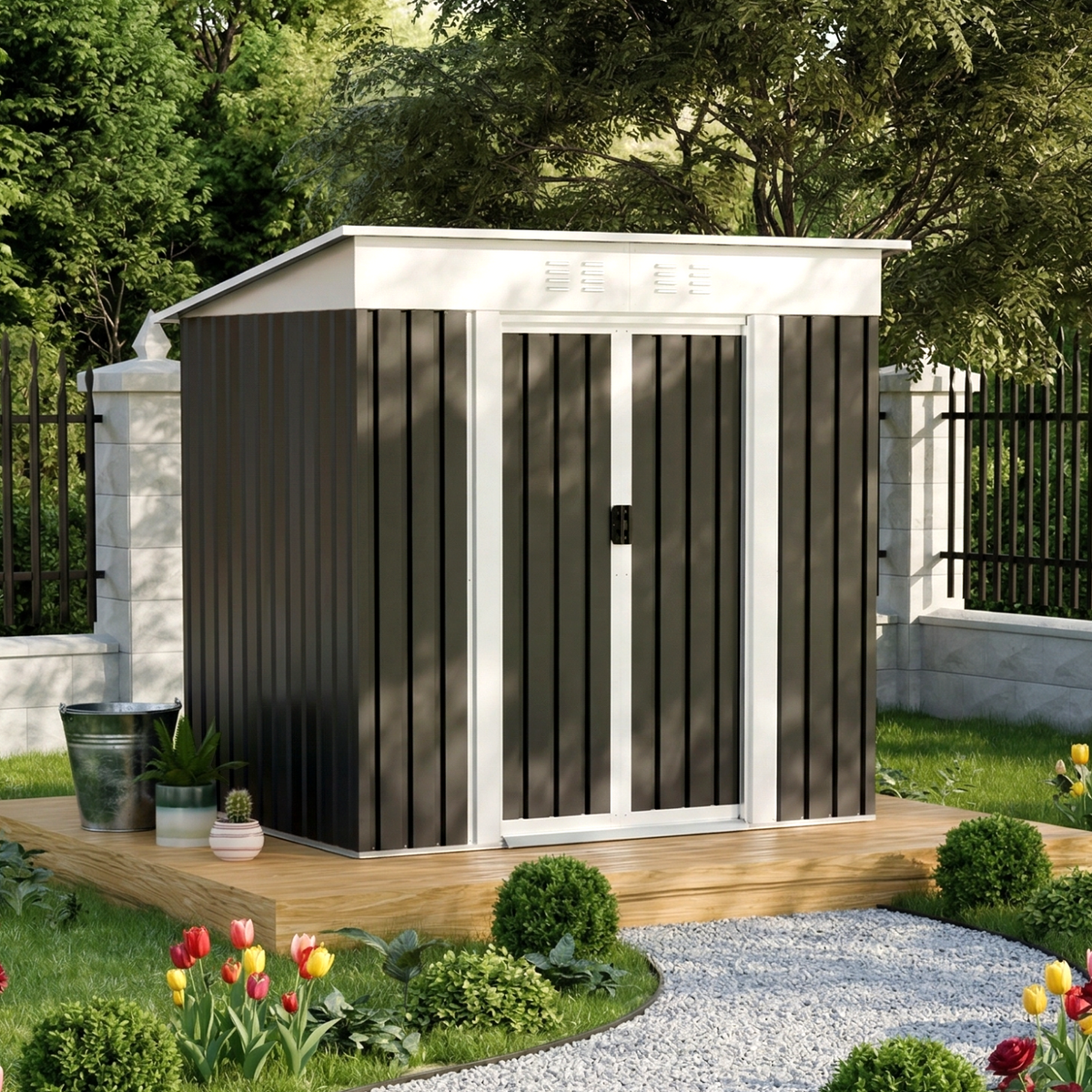 4x6 ft Gray Metal Storage Shed, with Sliding Doors