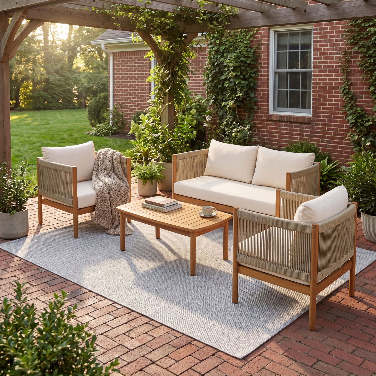 Teak Finish Solid Wood 4-Piece Outdoor Sofa Set, Cream Cushion