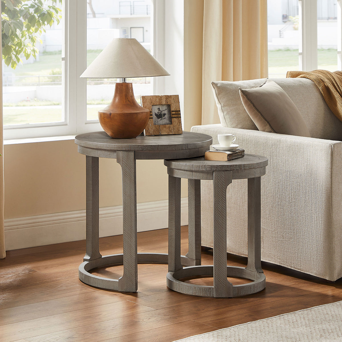 Light Brown Round Side Table, Set of 2, 24 in