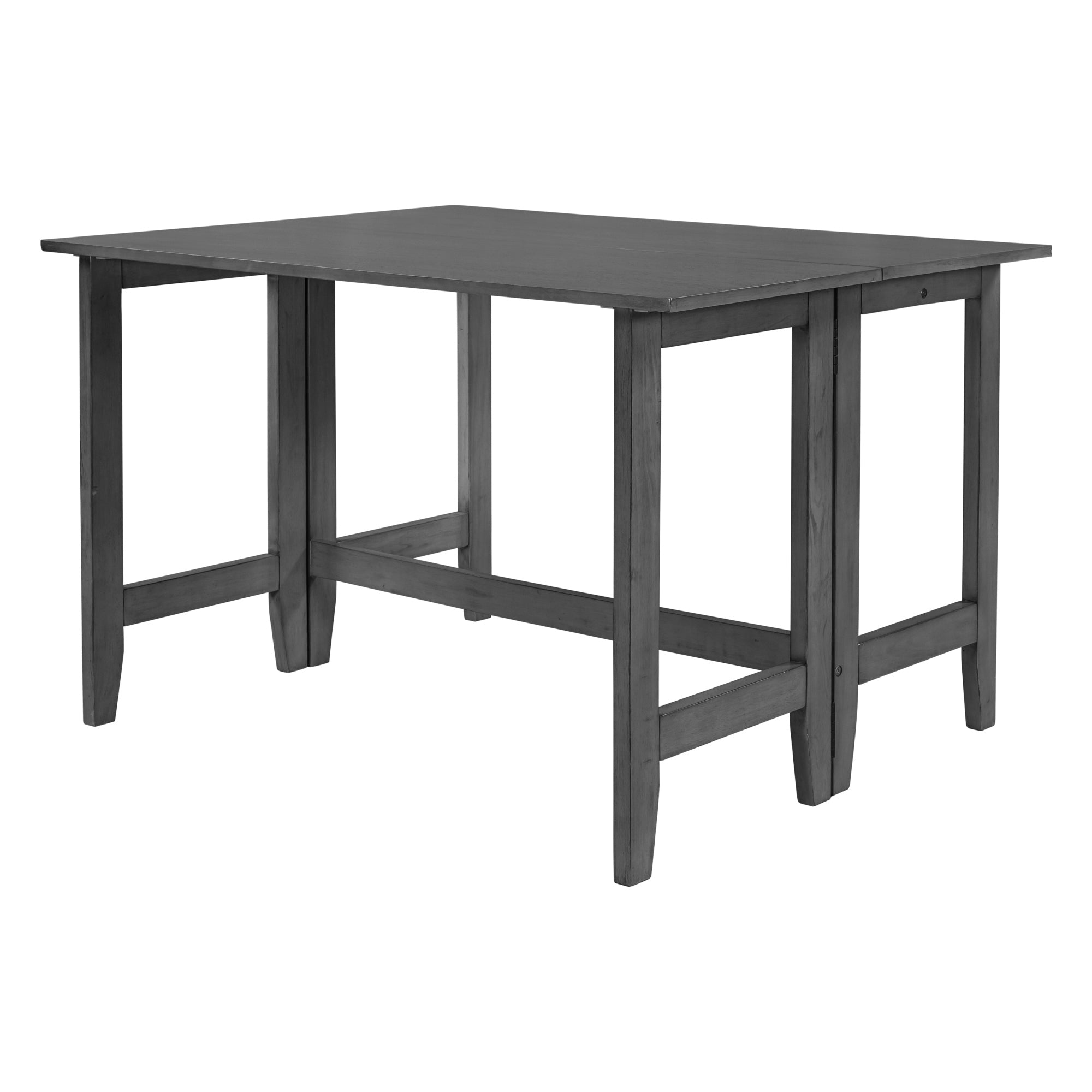 Gray farmhouse drop-leaf dining table fully extended on a white background