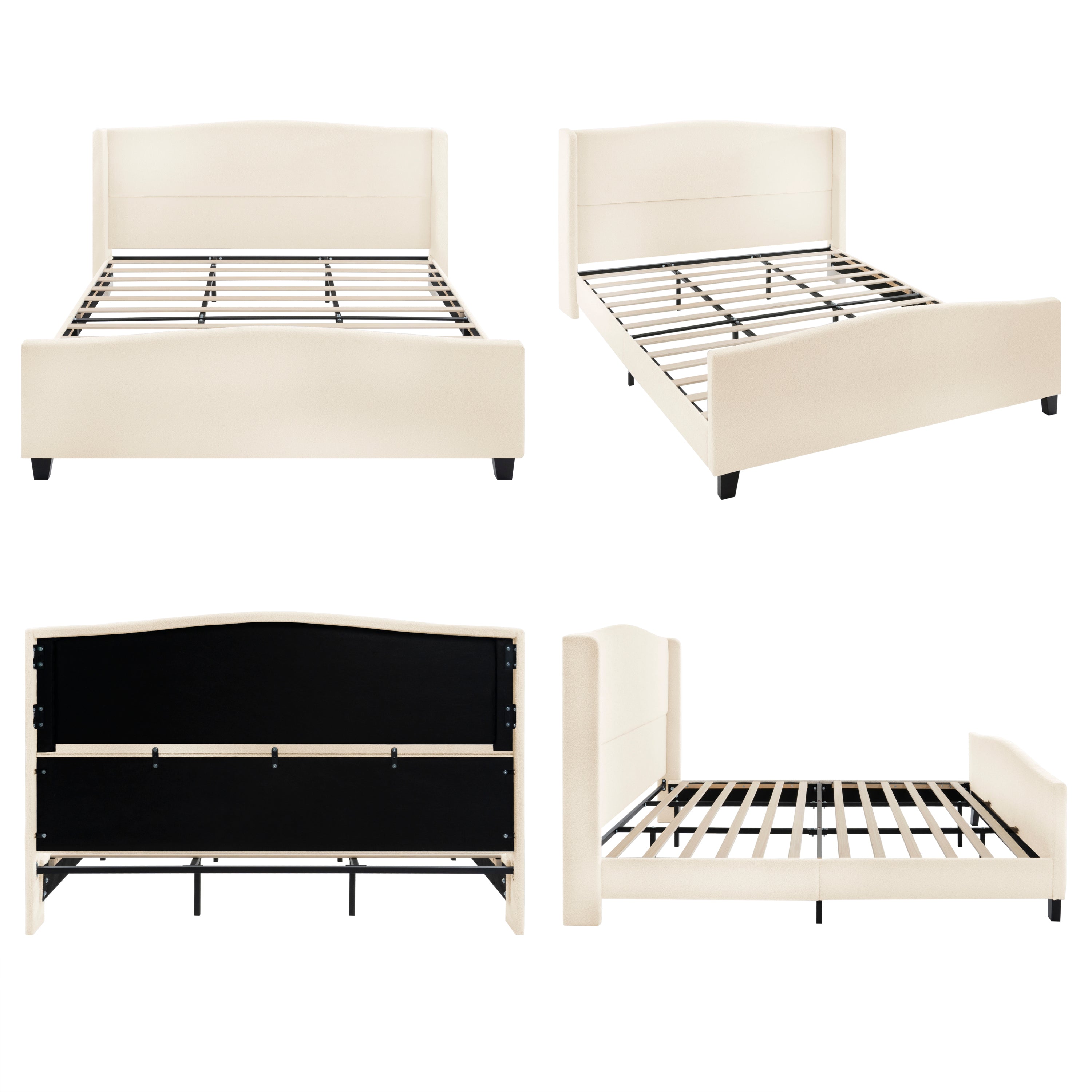 Side profile of white teddy velvet king bed frame showing headboard and footboard height