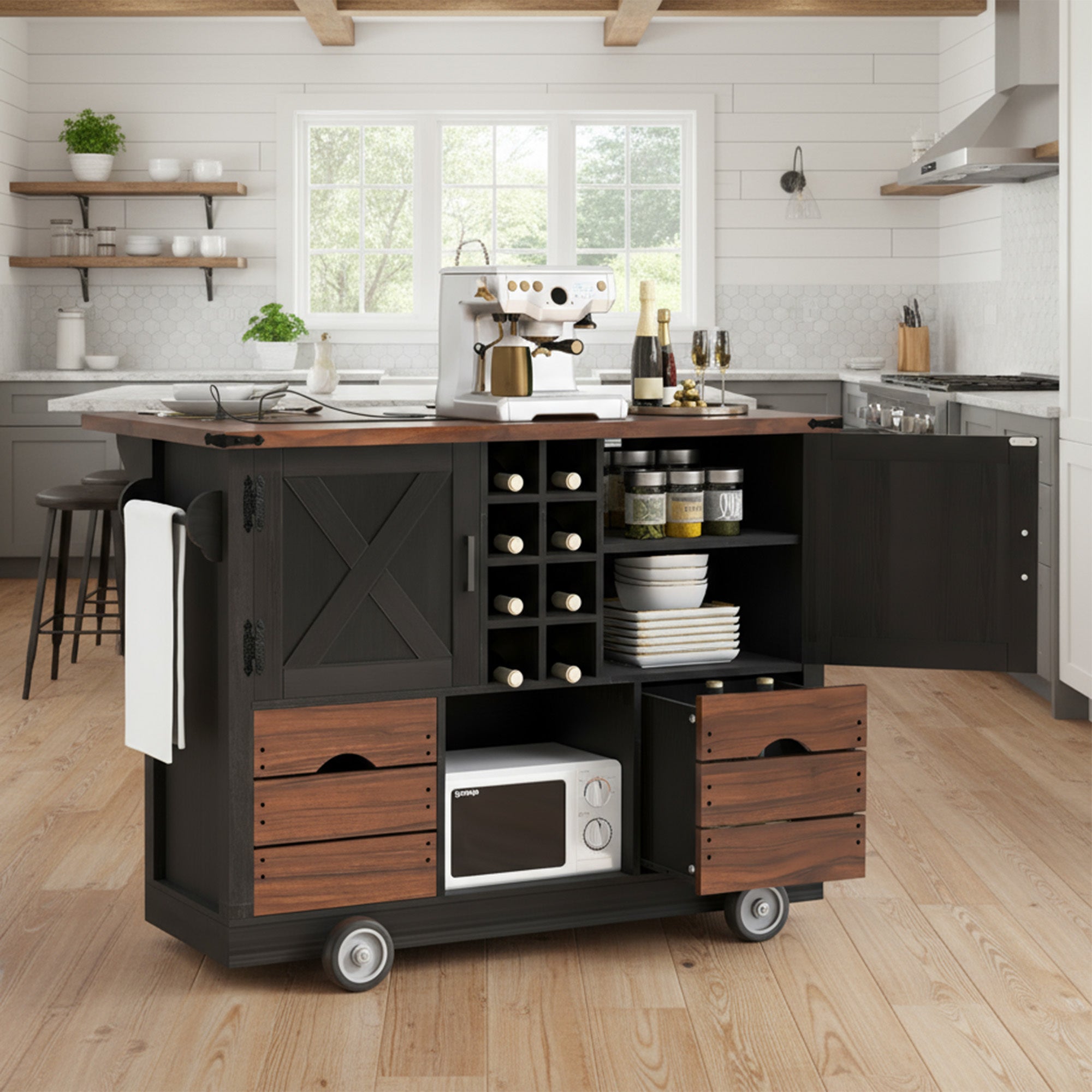 Farmhouse Kitchen Island, Black, Drop-Leaf with Wine Rack, 54in