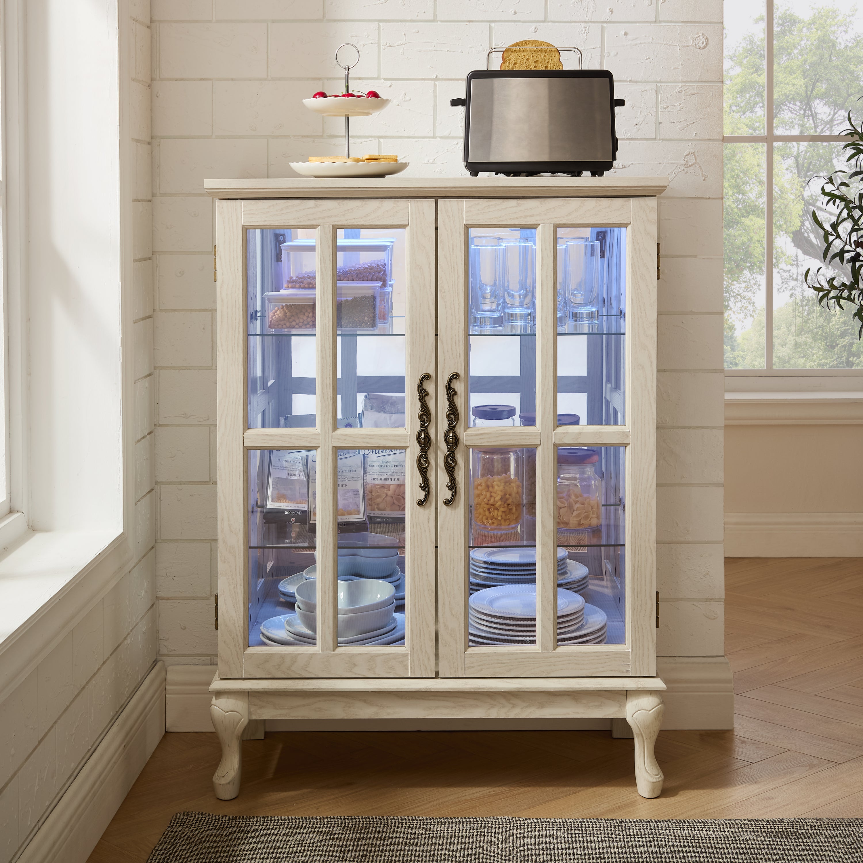 Lighted Glass Display Cabinet, White, RGB LED & Grid Doors