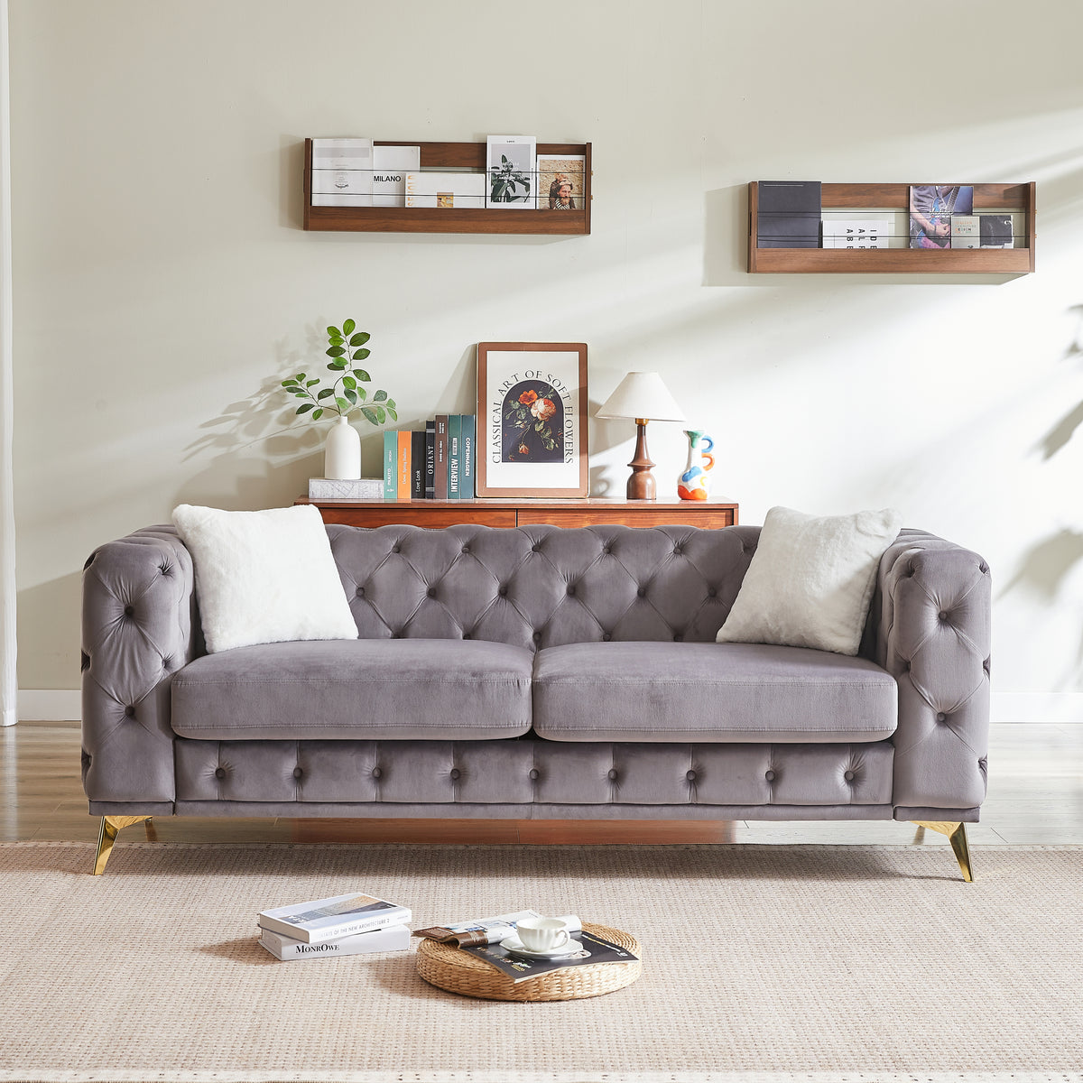 Gray Velvet 3-Seat Chesterfield Sofa, 82.5 in Wide