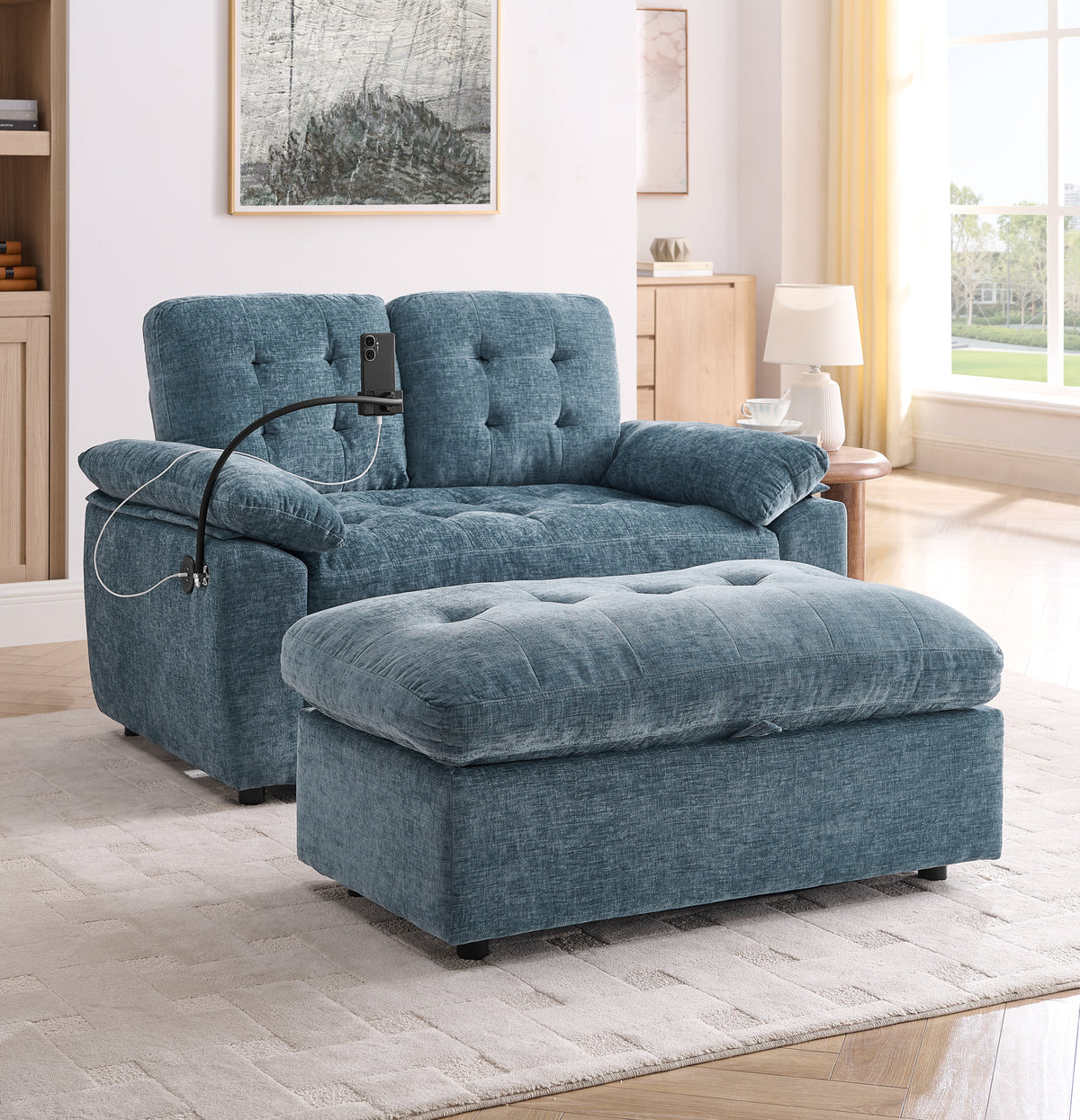 Blue Chenille Recliner, USB Charging, Double Seat