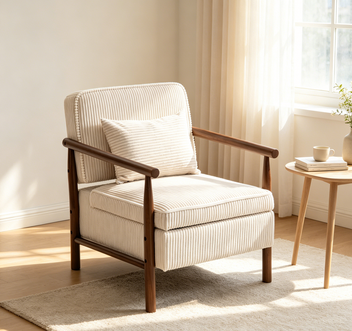 White Corduroy Accent Chair with Storage