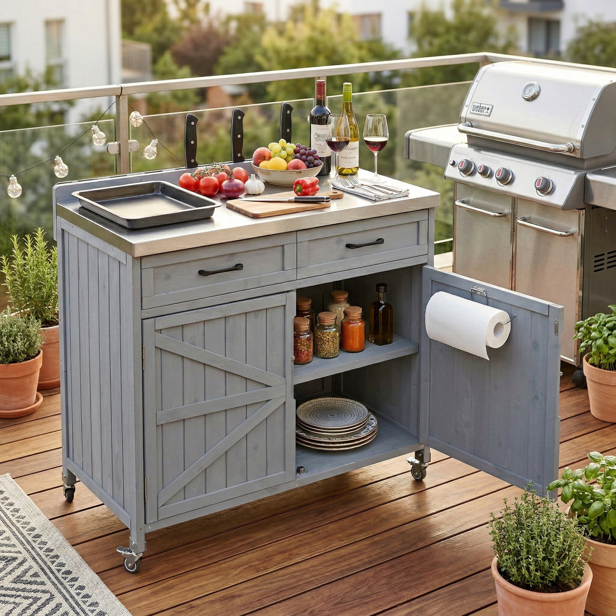 Gray and Blue Solid Wood Outdoor Kitchen Island with Wheels, Stainless Steel Top