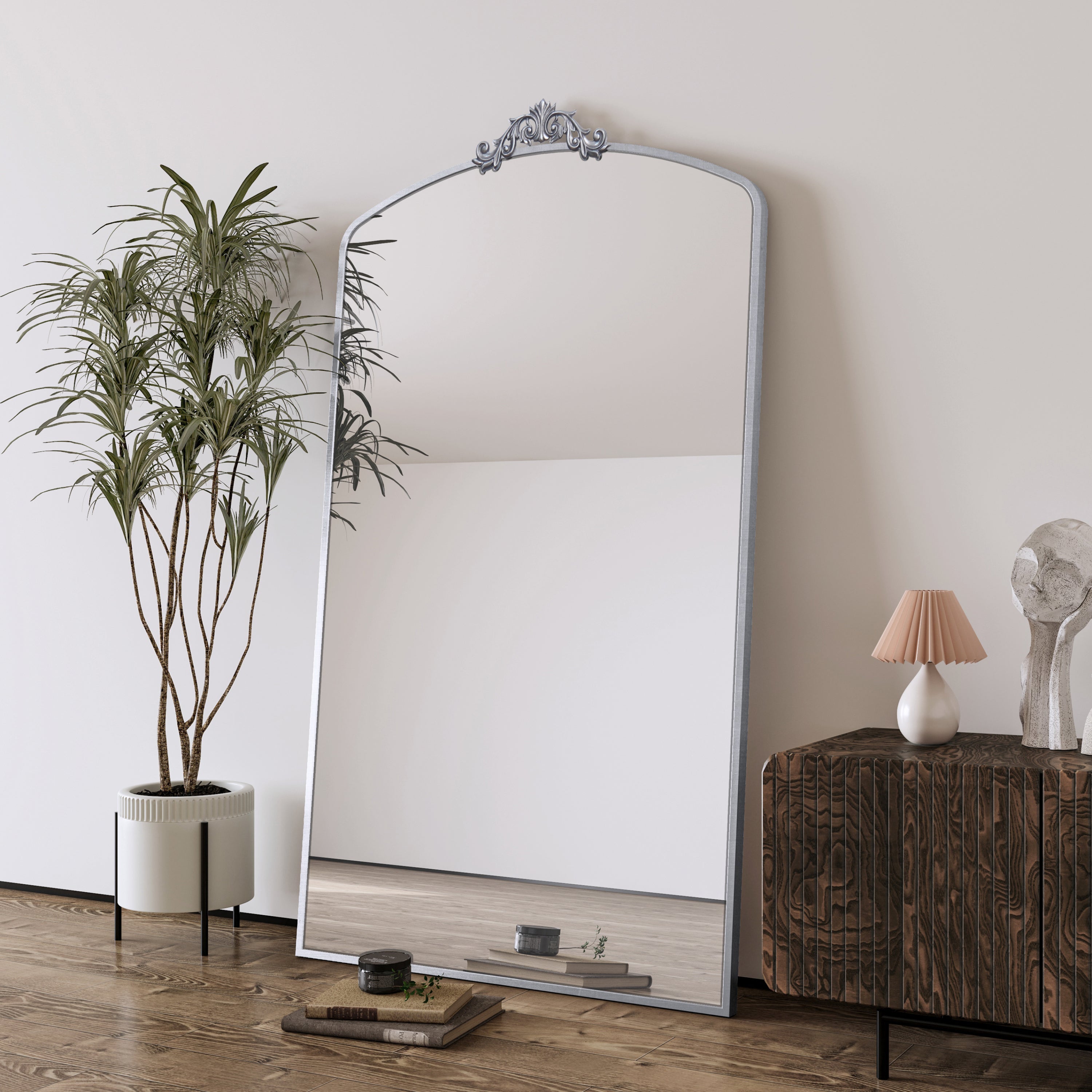 Oversized Arched Mirror, 66.5 x 36 Inch Metal, Antique Silver
