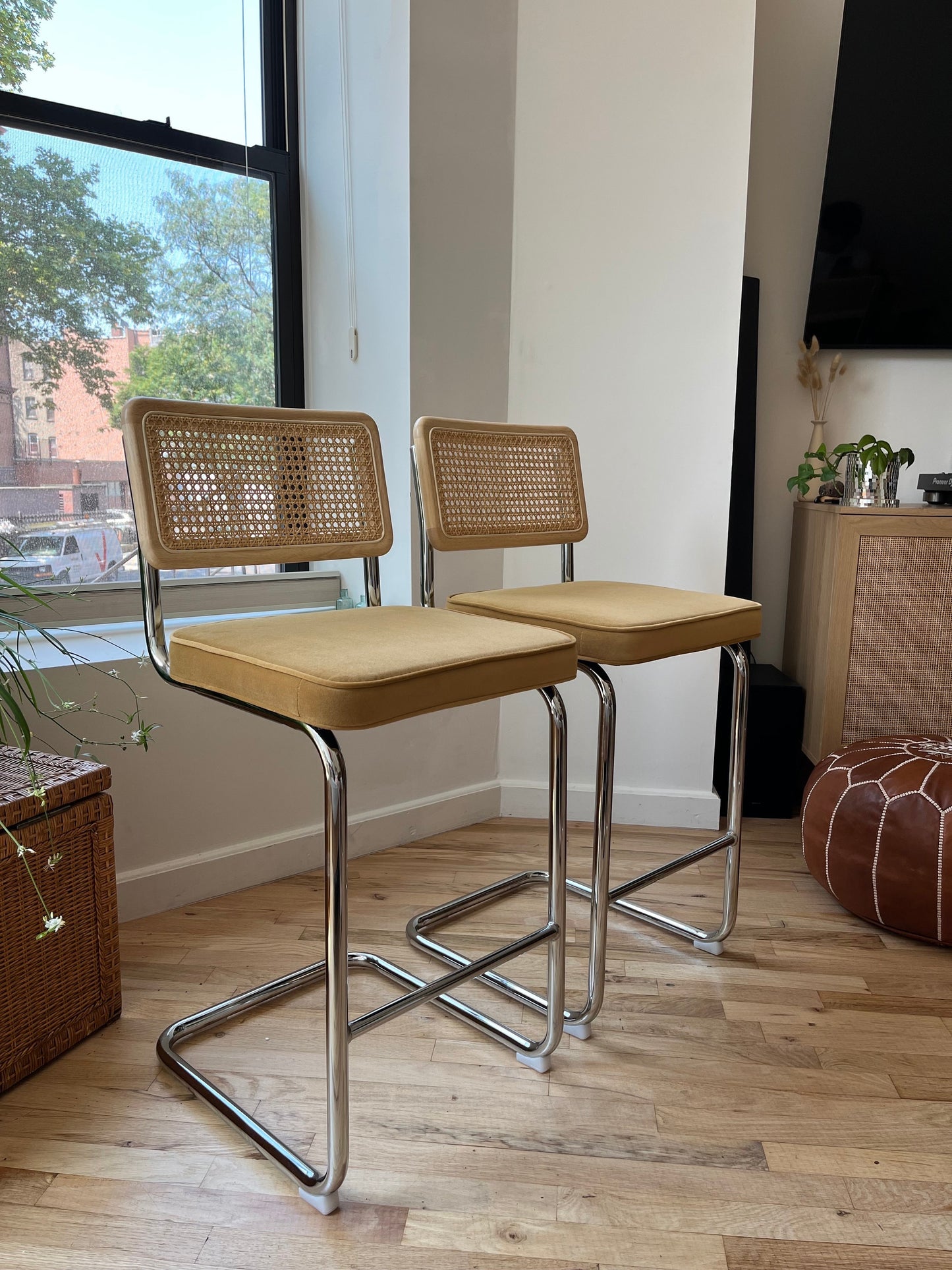 Rattan Counter Stools Set of 2 – Stainless Steel Legs & Yellow Velvet