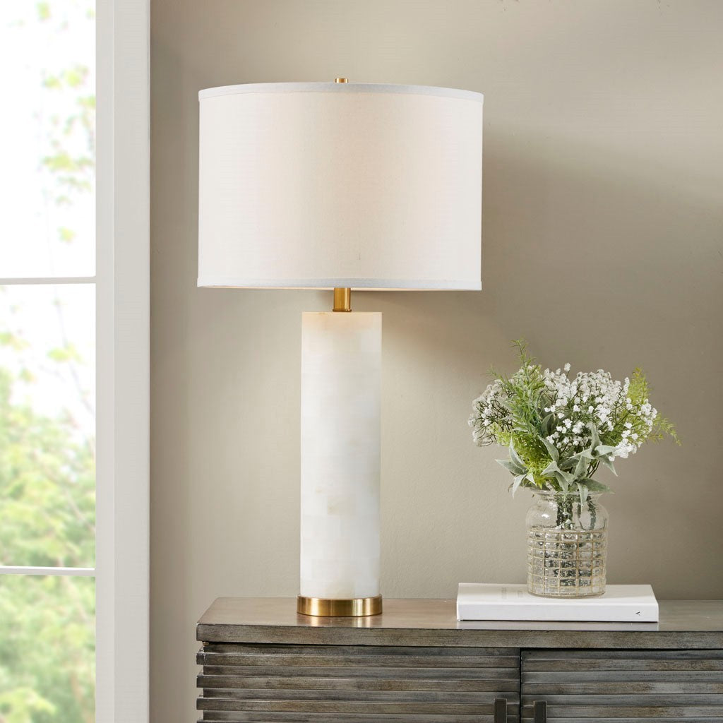 Table Lamp with Fabric Shade, White and Gold Finish