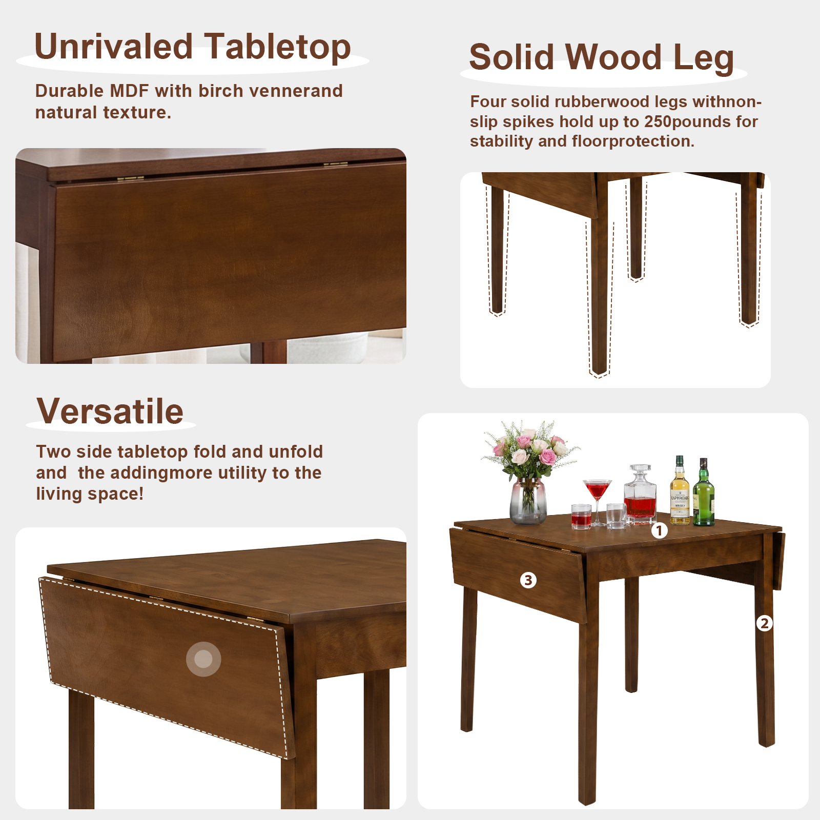 Feature graphic collage detailing the birch veneer top, solid rubberwood legs and versatile leaves