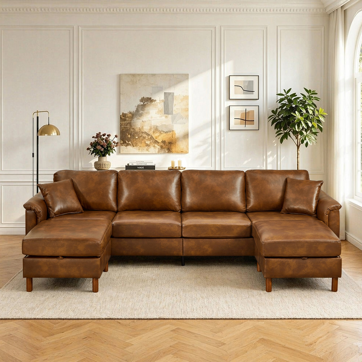 Brown Vegan Leather Sectional Couch with 2 Ottomans, 120 in Wide