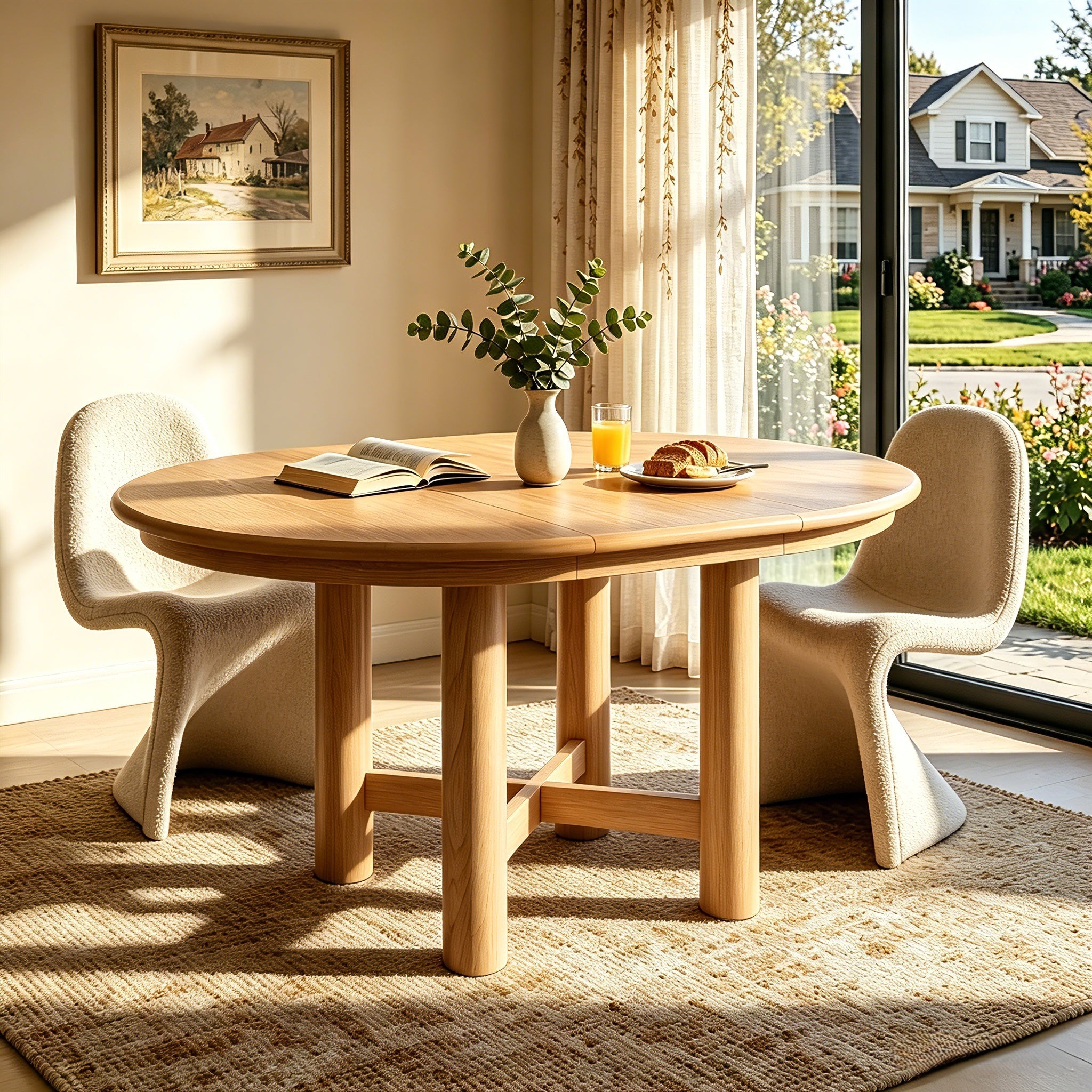 Round closed oak table with two cream boucle chairs in a sunlit breakfast nook