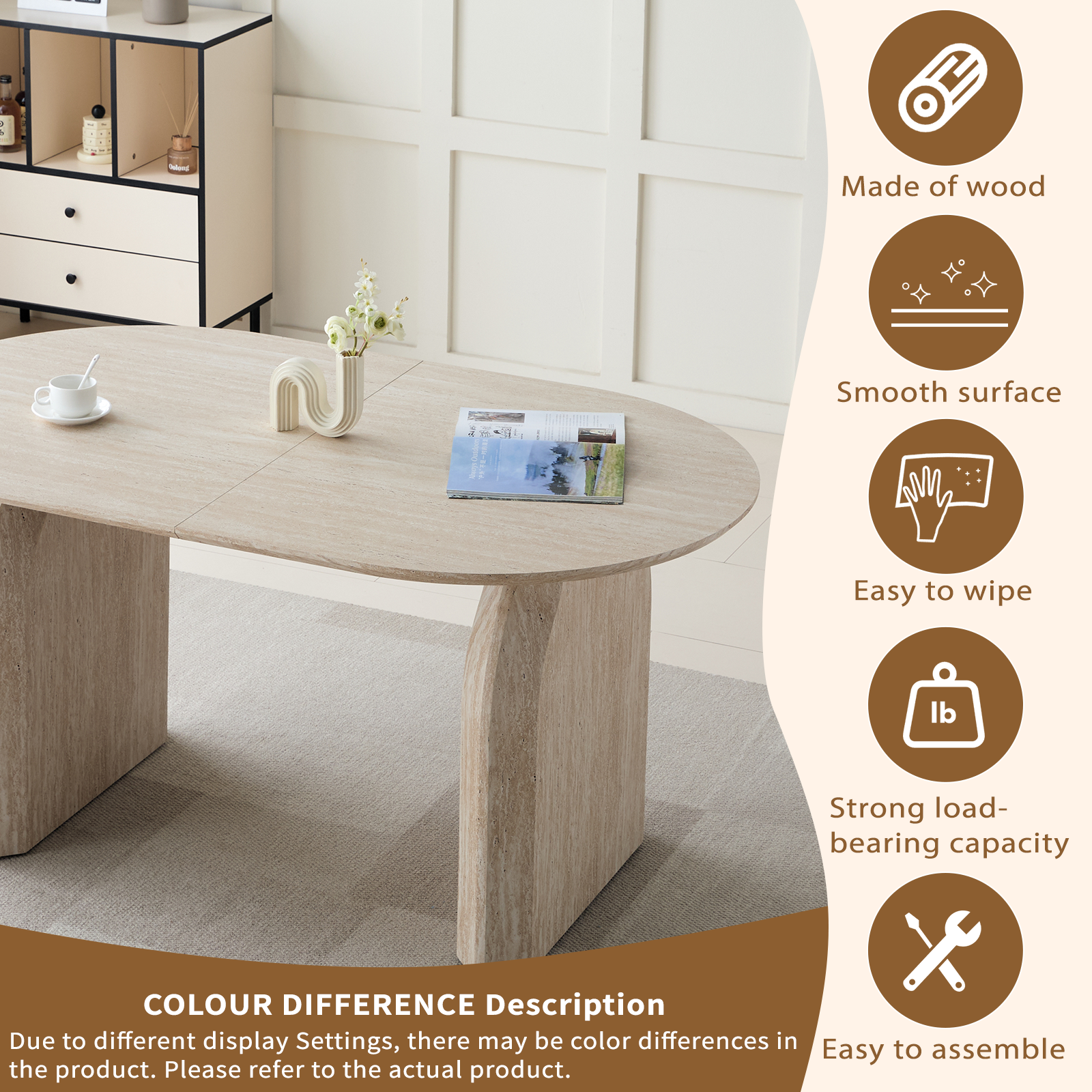 Feature graphic on color variance listing wood build, smooth surface, easy wipe and easy assembly