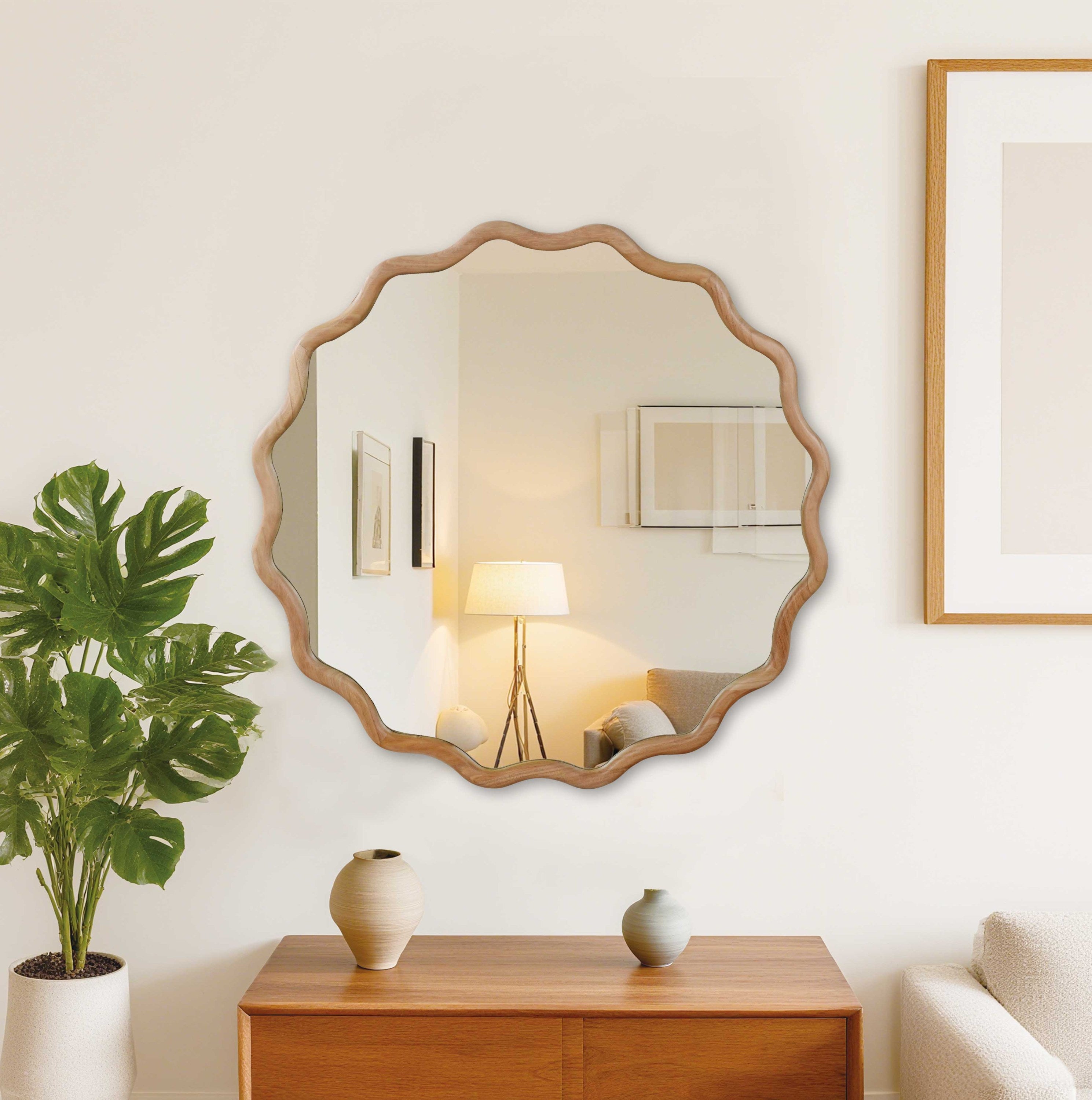 36 Inch Round Mirror, Solid Wood Frame, Natural Finish