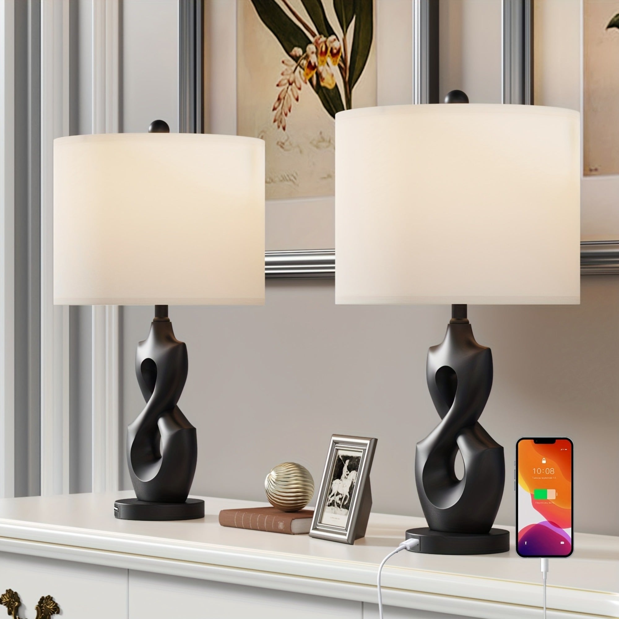 Table Lamp, Dimmable Ceramic with Linen Shade and USB Port, Black