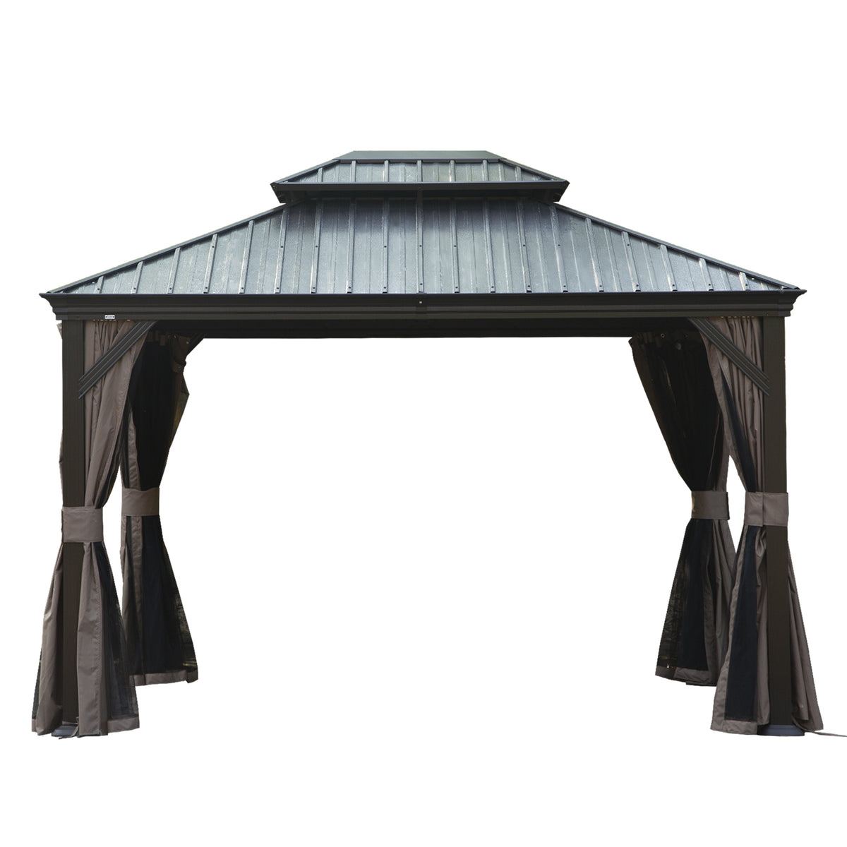 12x14 ft Brown Hardtop Gazebo with Netting and Curtains