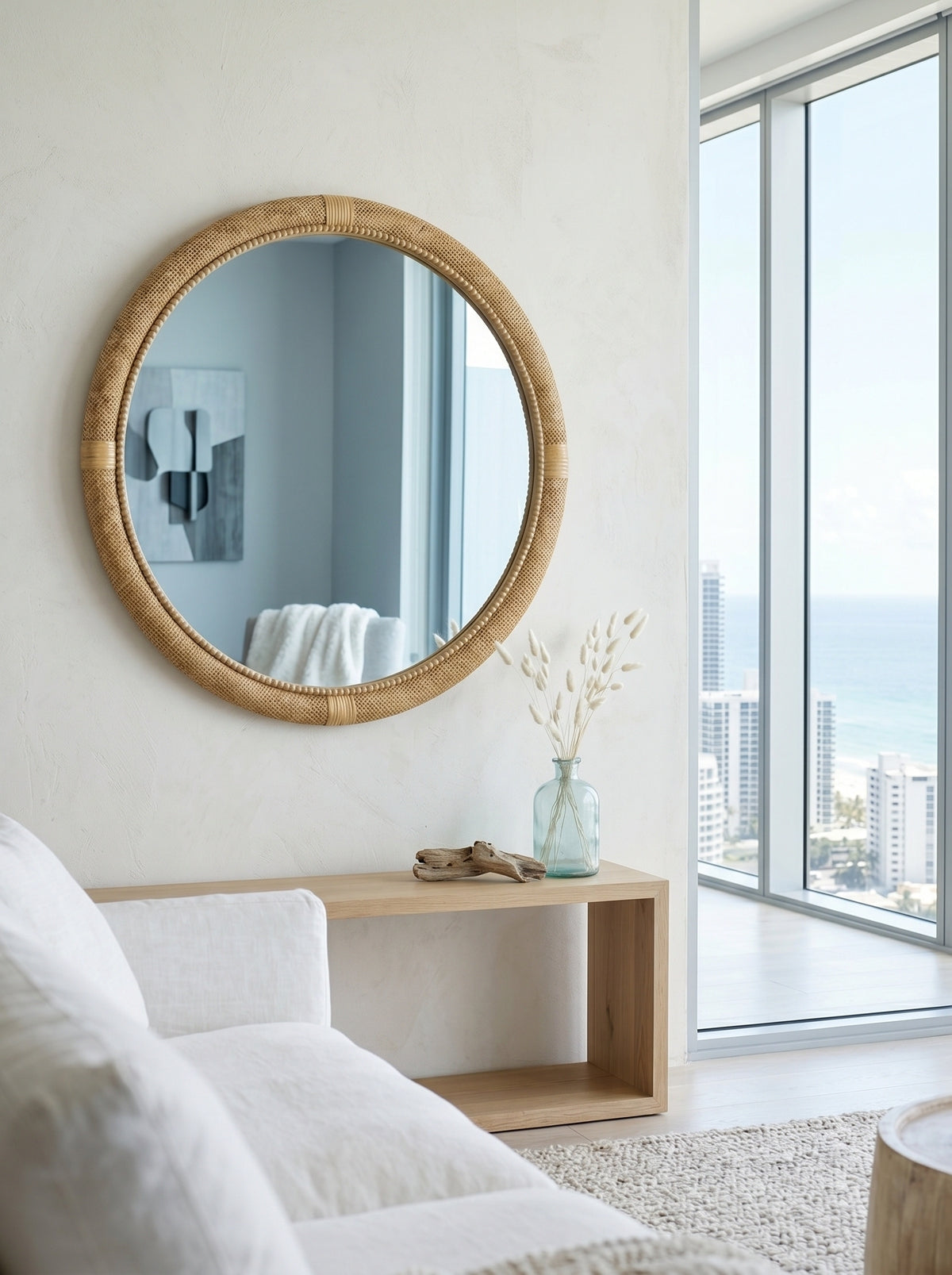 Round Woven Mirror with Wrapped Accents, 31.9 in