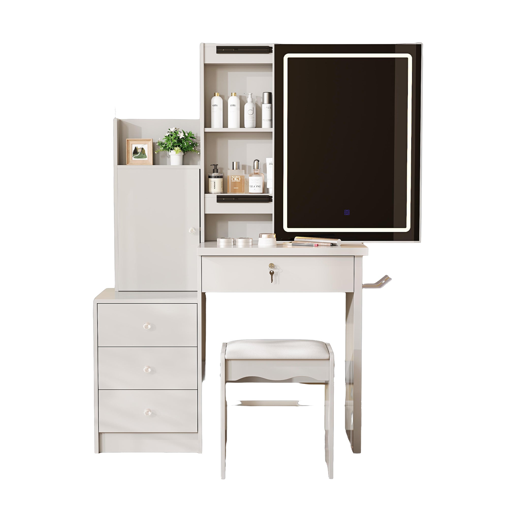 White Vanity Desk with Sliding Lighted Mirror, 4 Drawers