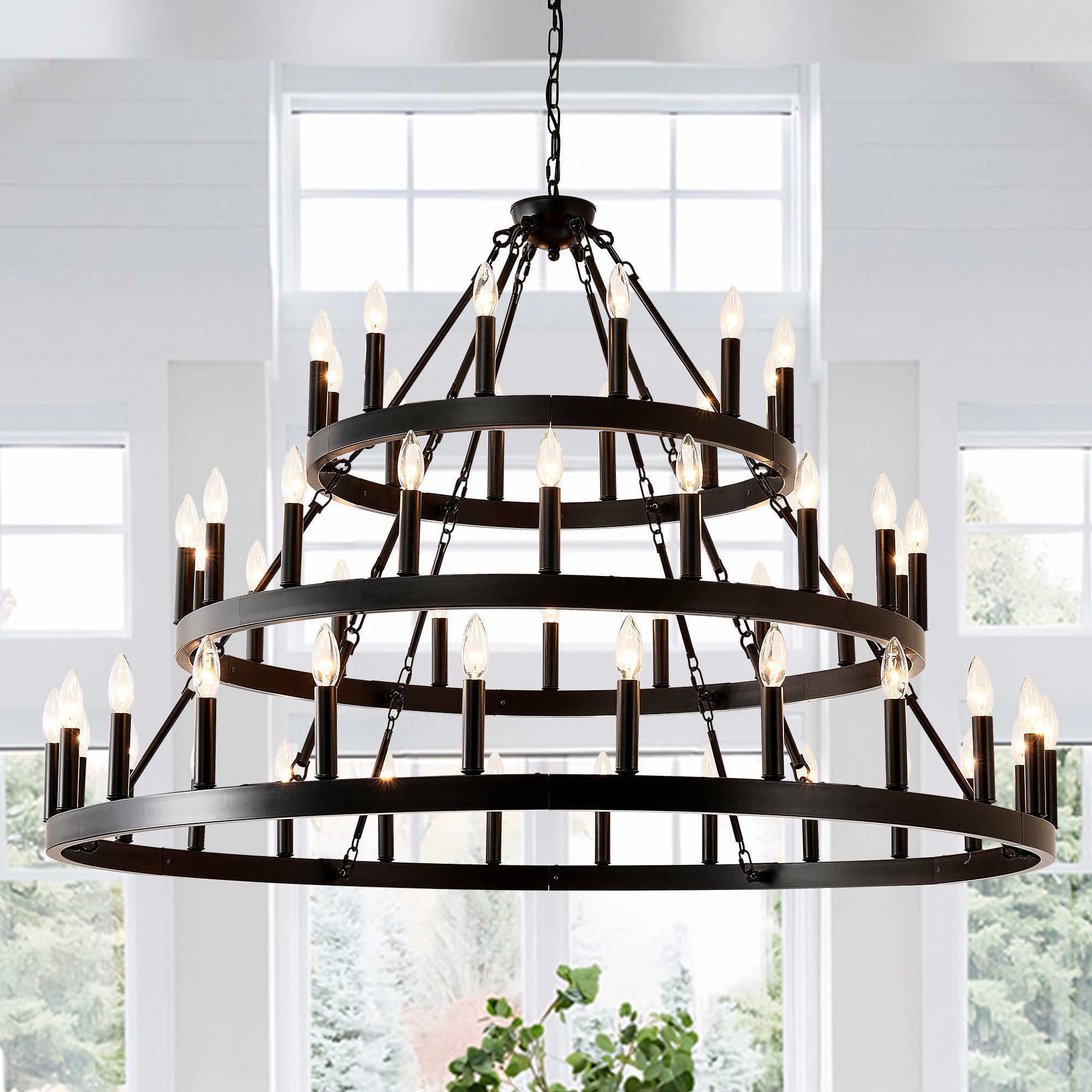3-Tier Wagon Wheel Chandelier, 54-Light Iron, Matte Black
