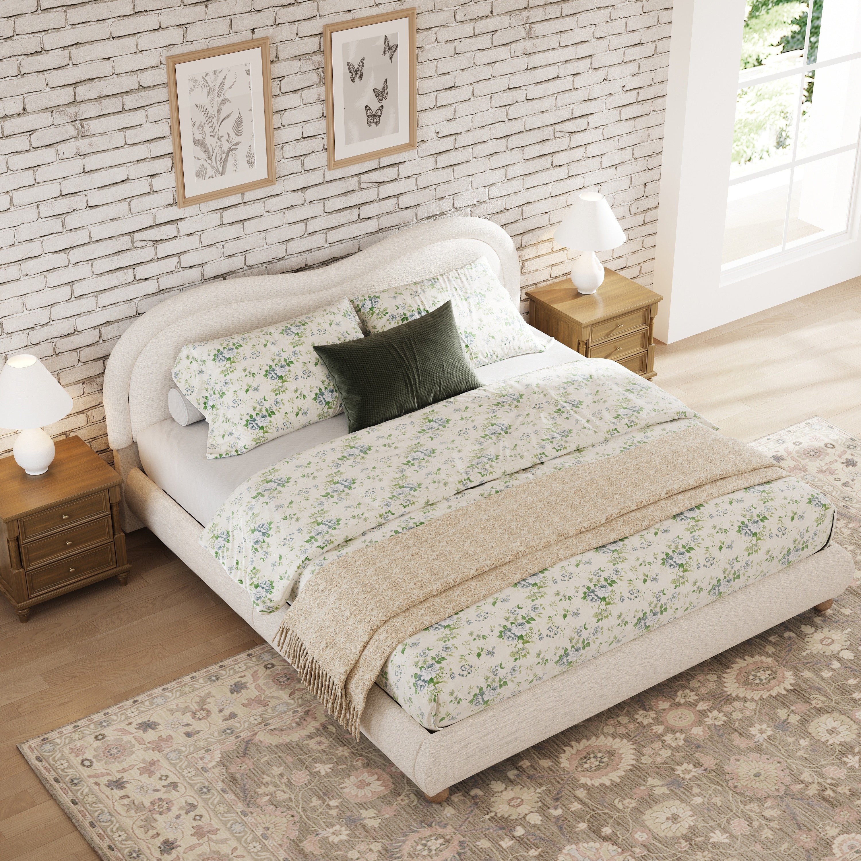 Beige chenille king bed frame, wide shot showing full curved headboard
