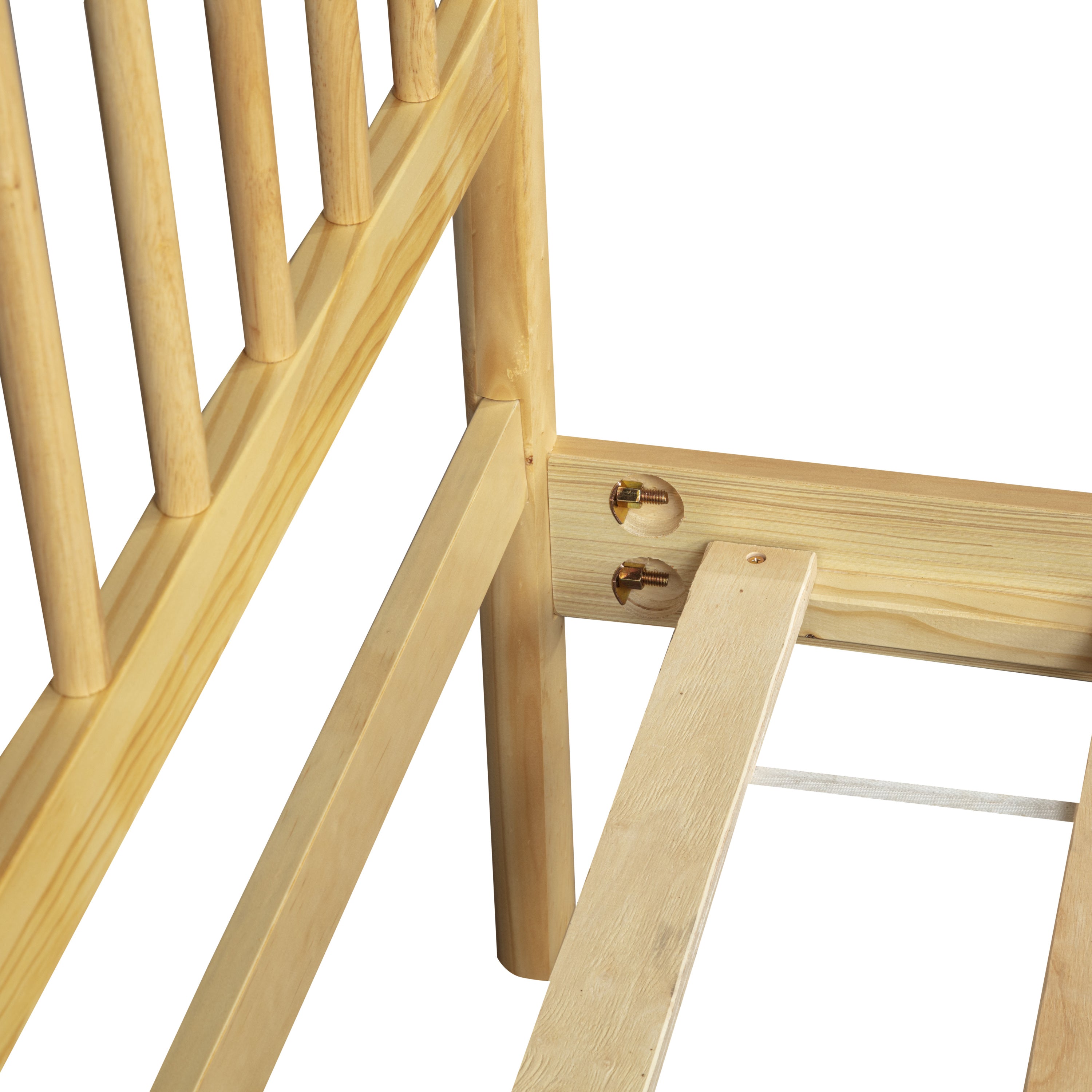 Close-up of a natural pine post-to-rail bolt connection on a white background #Color_Natural