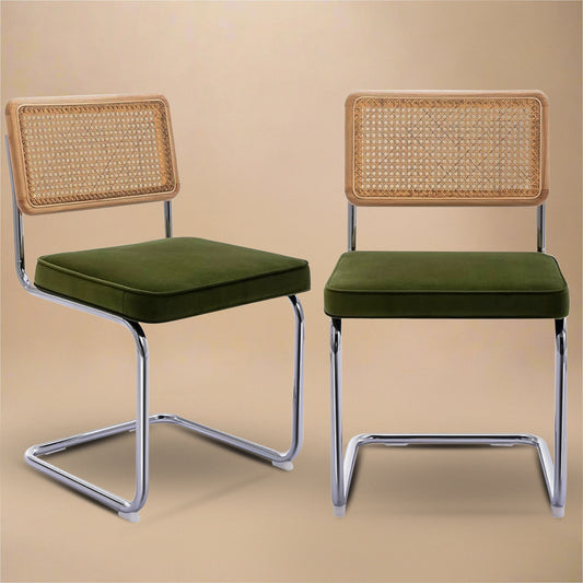 Rattan Dining Chairs – Set of 2, Green Velvet