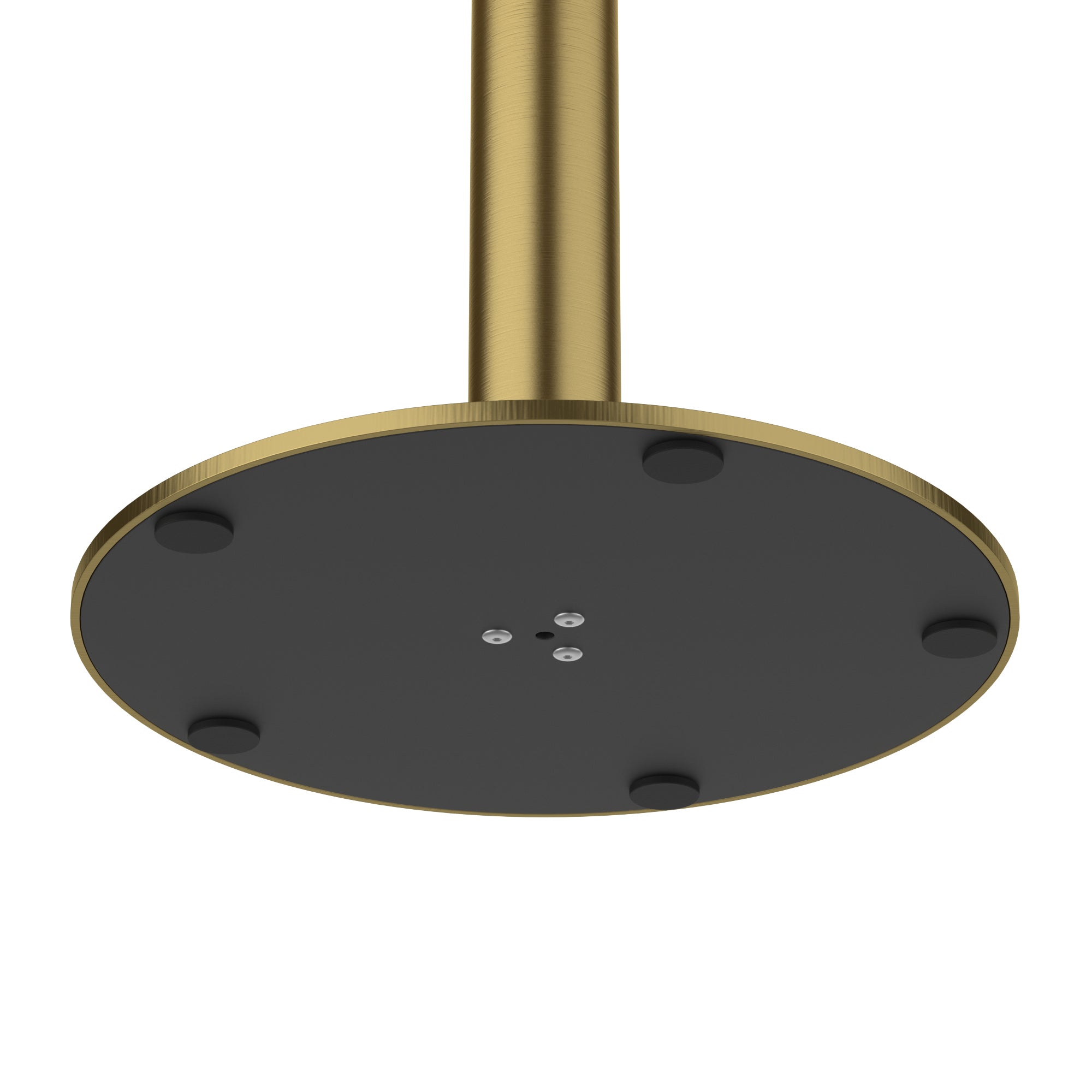 Underside view of round table base showing black mounting plate and foot pads