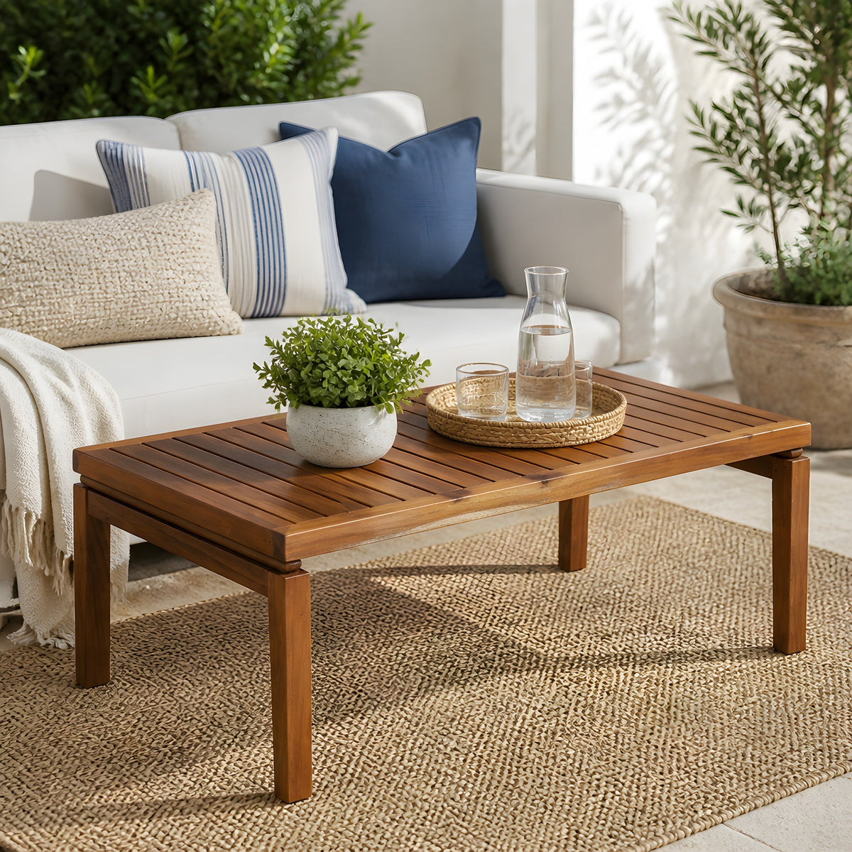 Teak Finish Solid Wood Outdoor Coffee Table, 40 in Wide