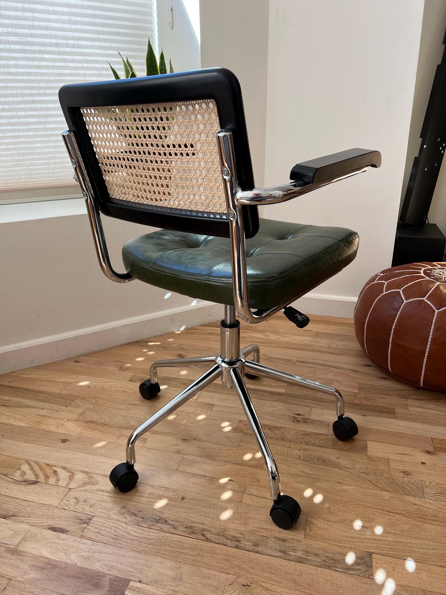 Mid Century Modern Desk & Office Chair – Handwoven Rattan & Vegan Leather