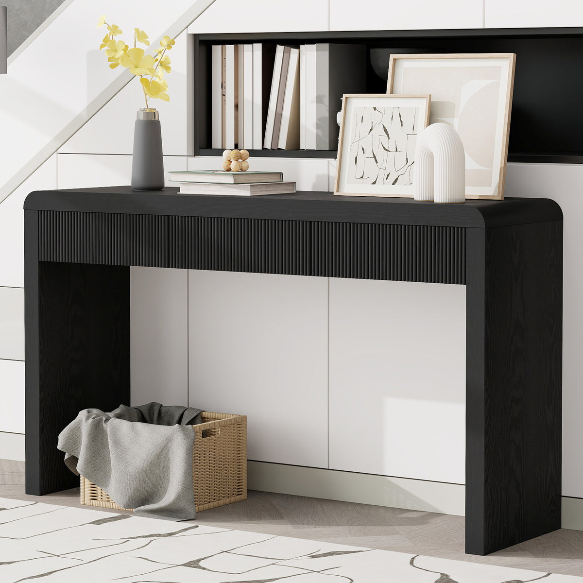Black Fluted Entryway Console Table with Storage, 55.1 in Wide