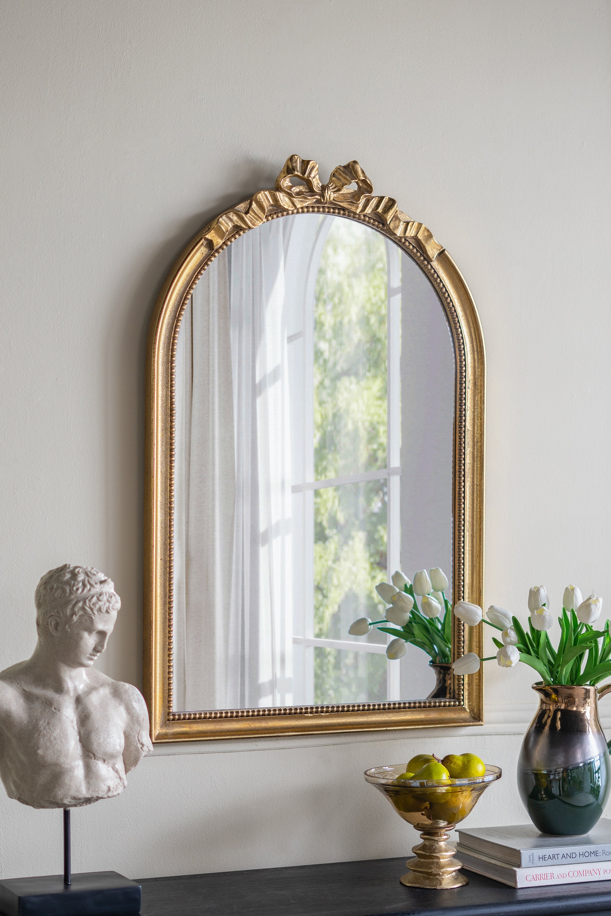 Arched Gold Vanity Mirror with Scrollwork Crown, 23.6 x 37.3 in